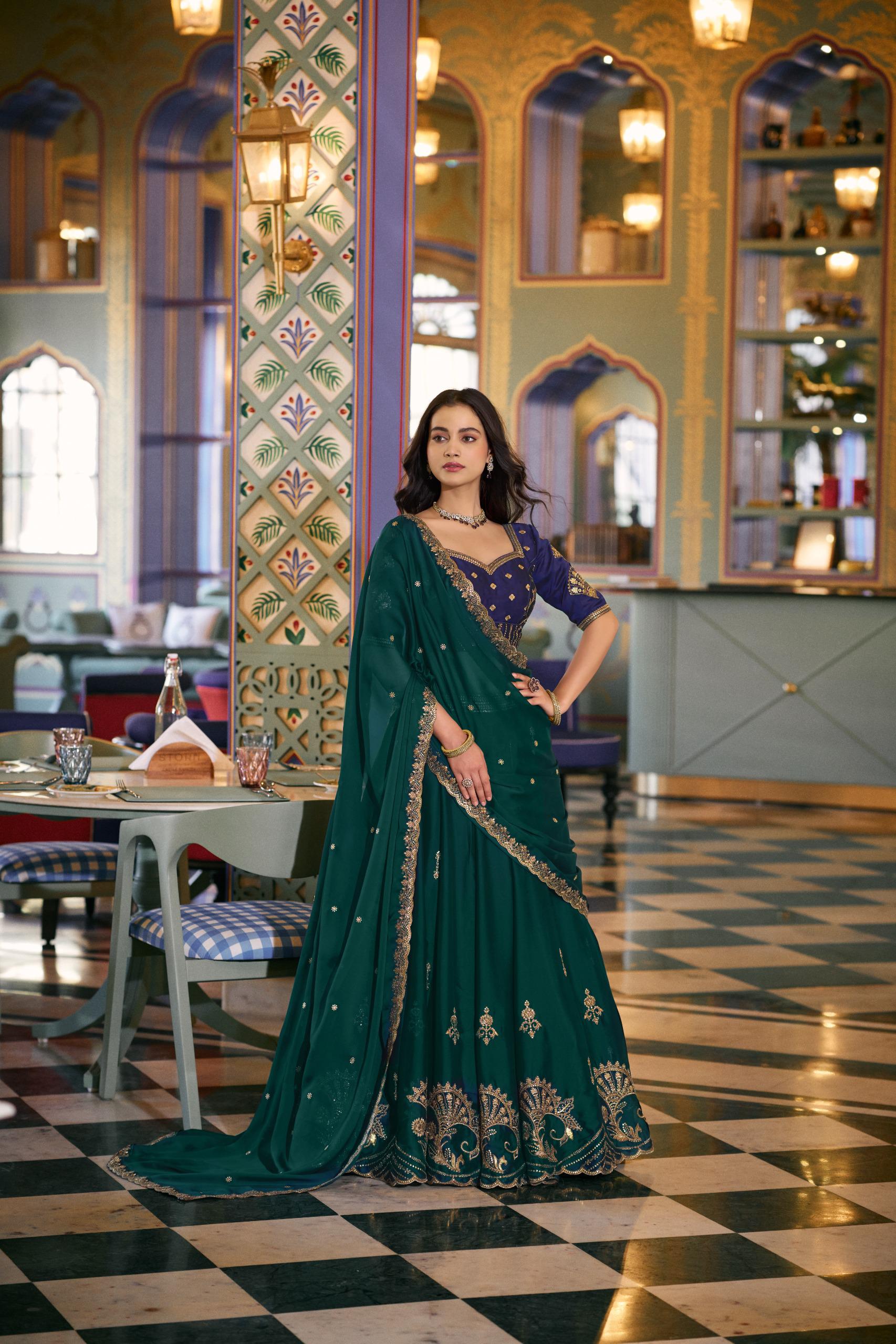 Emerald Green & Navy Blue Embroidered Lehenga Set with Dupatta