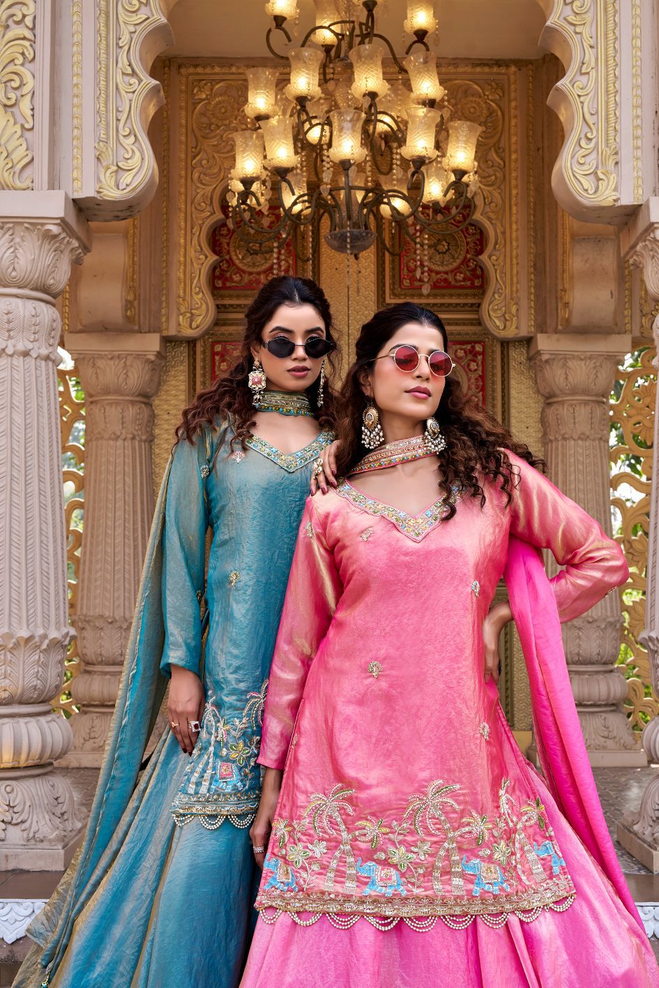 Gulnaar Embroidered Lehenga Choli Set with Dupatta (Pink & Teal)