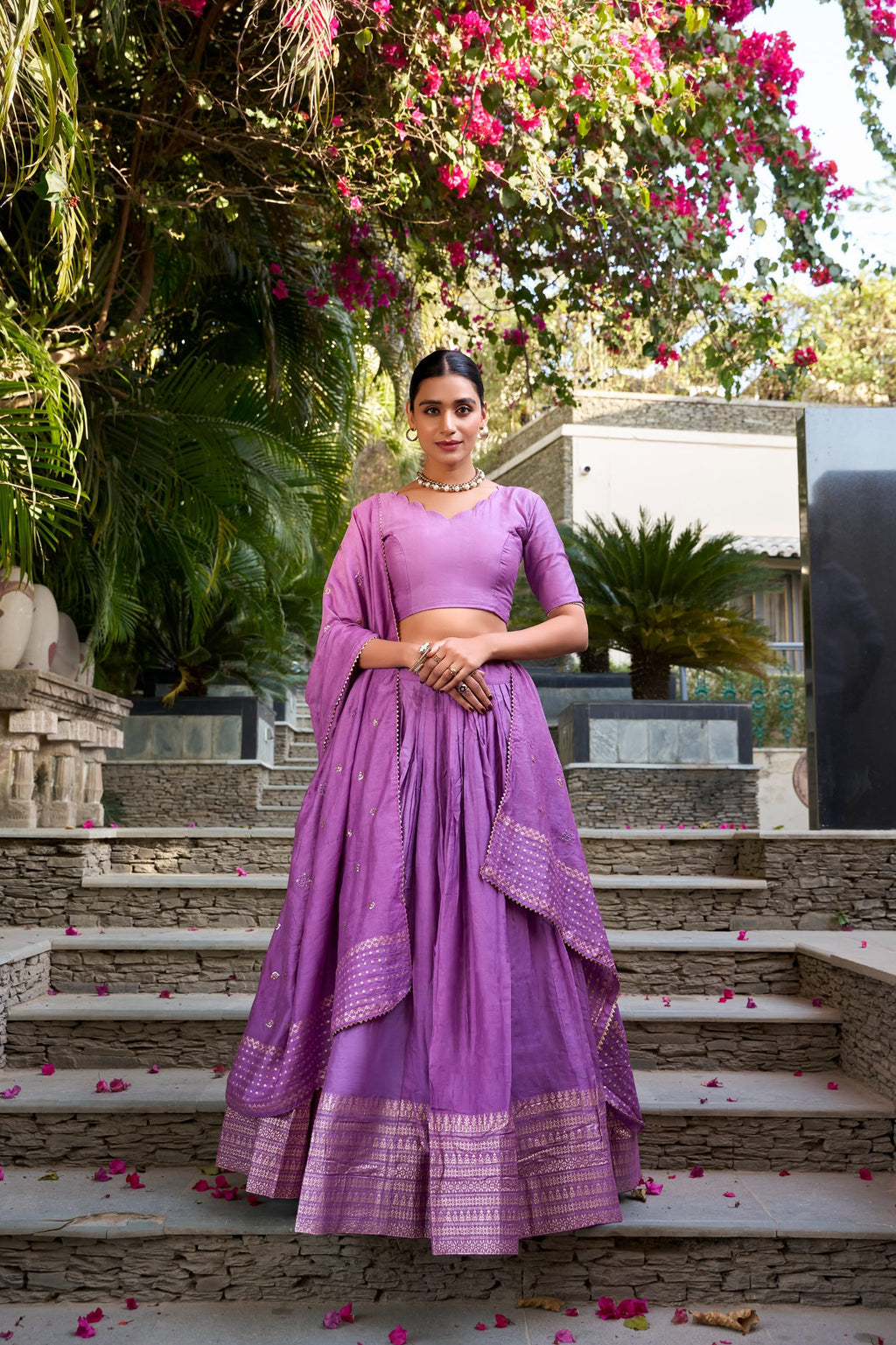 Crafted for Grace and Beauty: Pure Chanderi Plain Lehenga with Intricate Zari Work Border, Accompanied by Sequin Embellished Dupatta