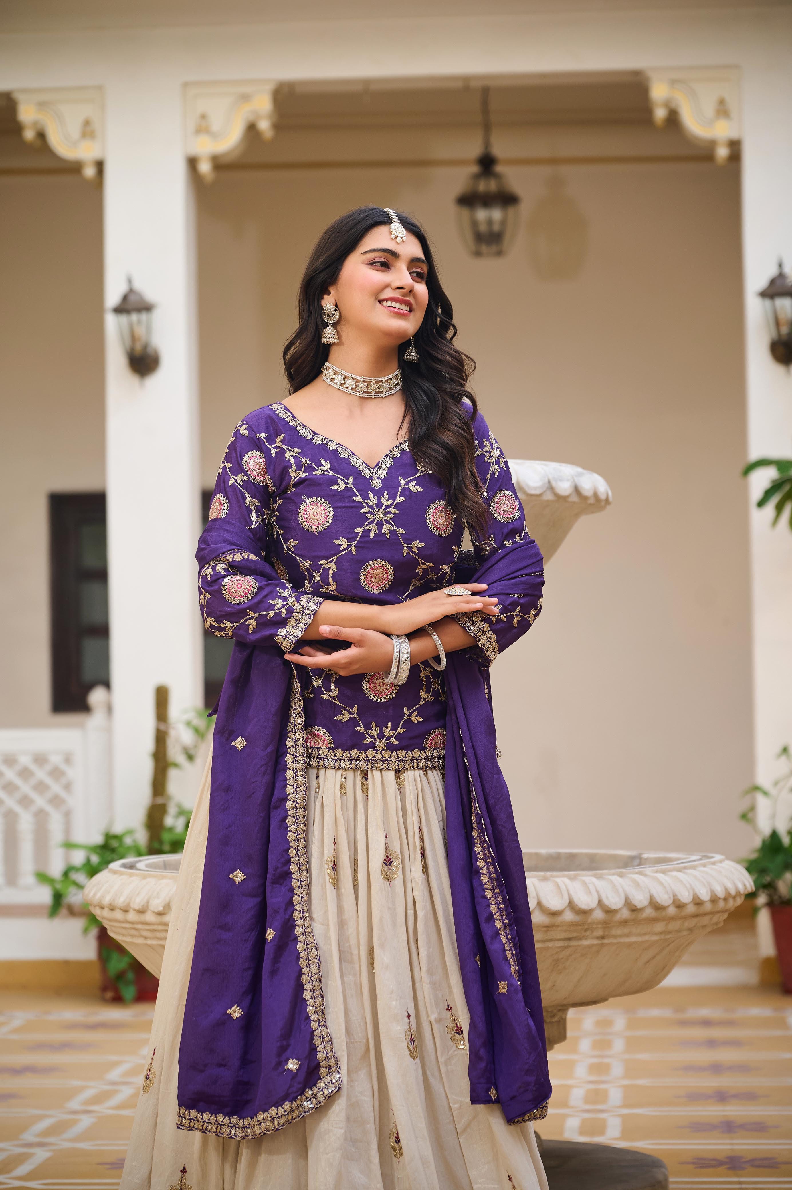 Heavy Embroidered Chinon Lehenga Choli with Tissue Silk Lehenga