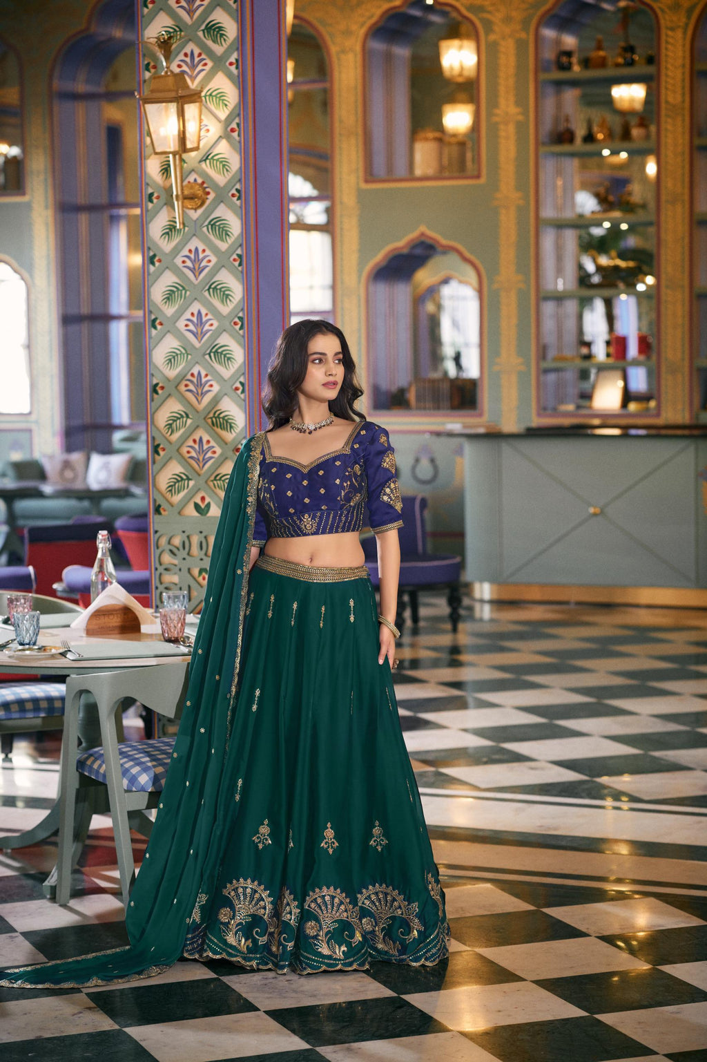 Emerald Green & Navy Blue Embroidered Lehenga Set with Dupatta