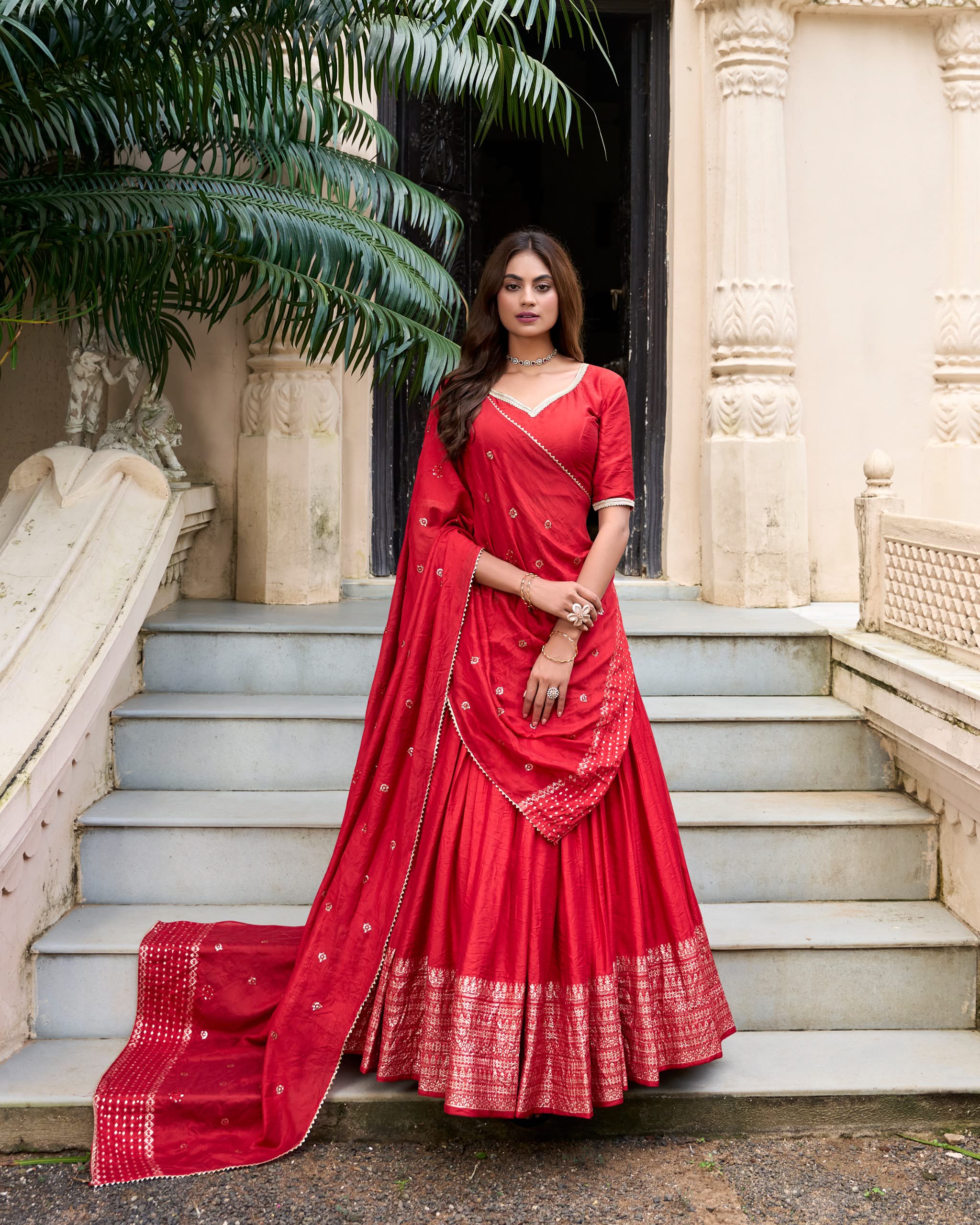 Crafted for Grace and Beauty: Pure Chanderi Plain Lehenga with Intricate Zari Work Border, Accompanied by Sequin Embellished Dupatta
