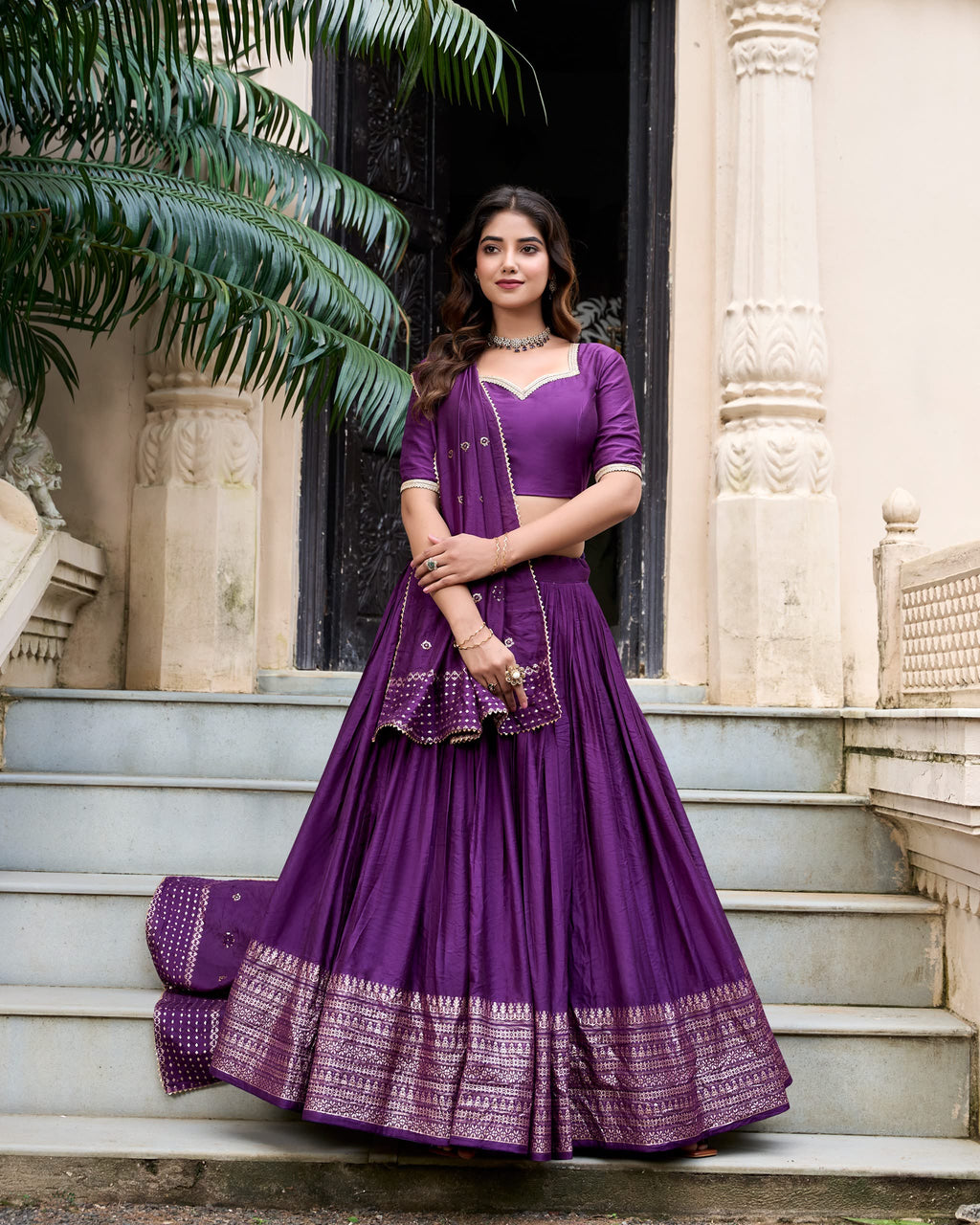 Crafted for Grace and Beauty: Pure Chanderi Plain Lehenga with Intricate Zari Work Border, Accompanied by Sequin Embellished Dupatta
