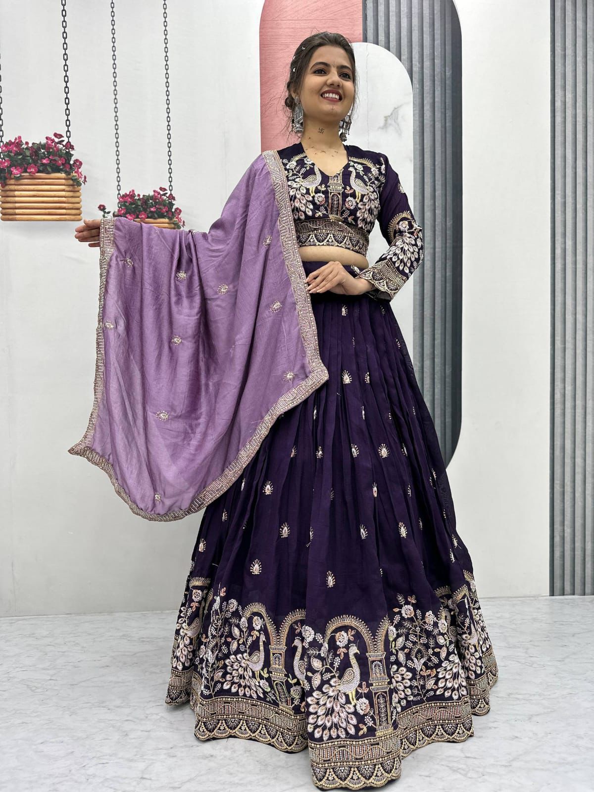 Purple Vichitra Silk Lehenga Choli with Peacock Embroidery Work
