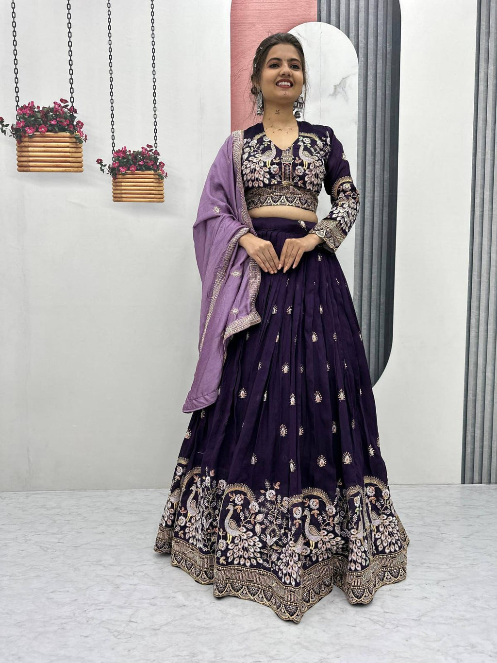 Purple Vichitra Silk Lehenga Choli with Peacock Embroidery Work