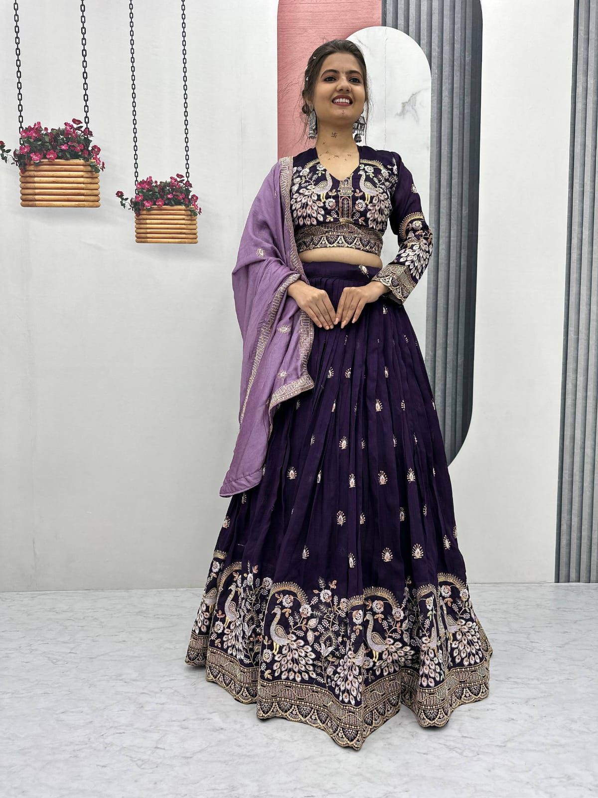 Purple Vichitra Silk Lehenga Choli with Peacock Embroidery Work