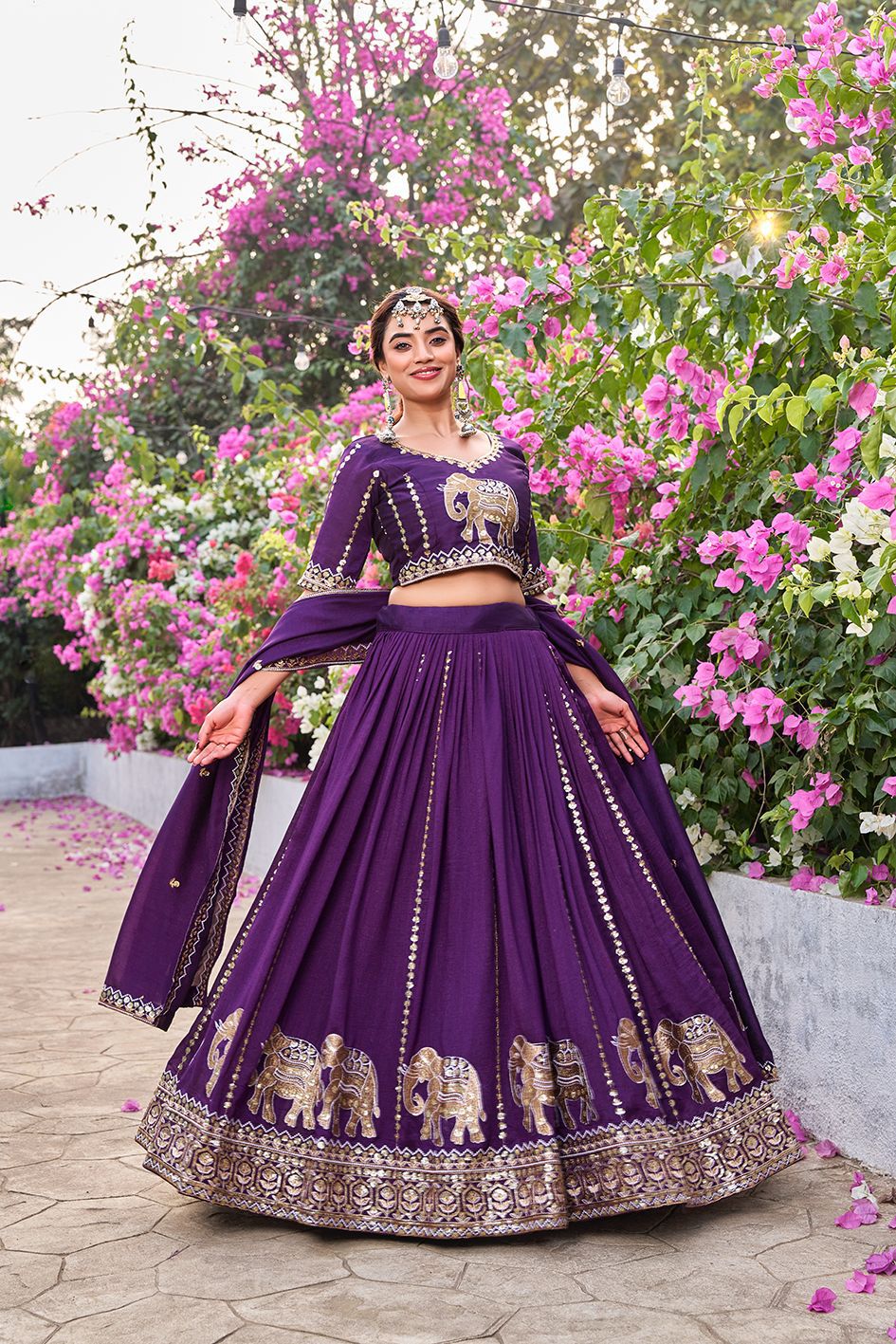 Designer Vichitra Wedding Lehenga Choli with Elephant Border Work