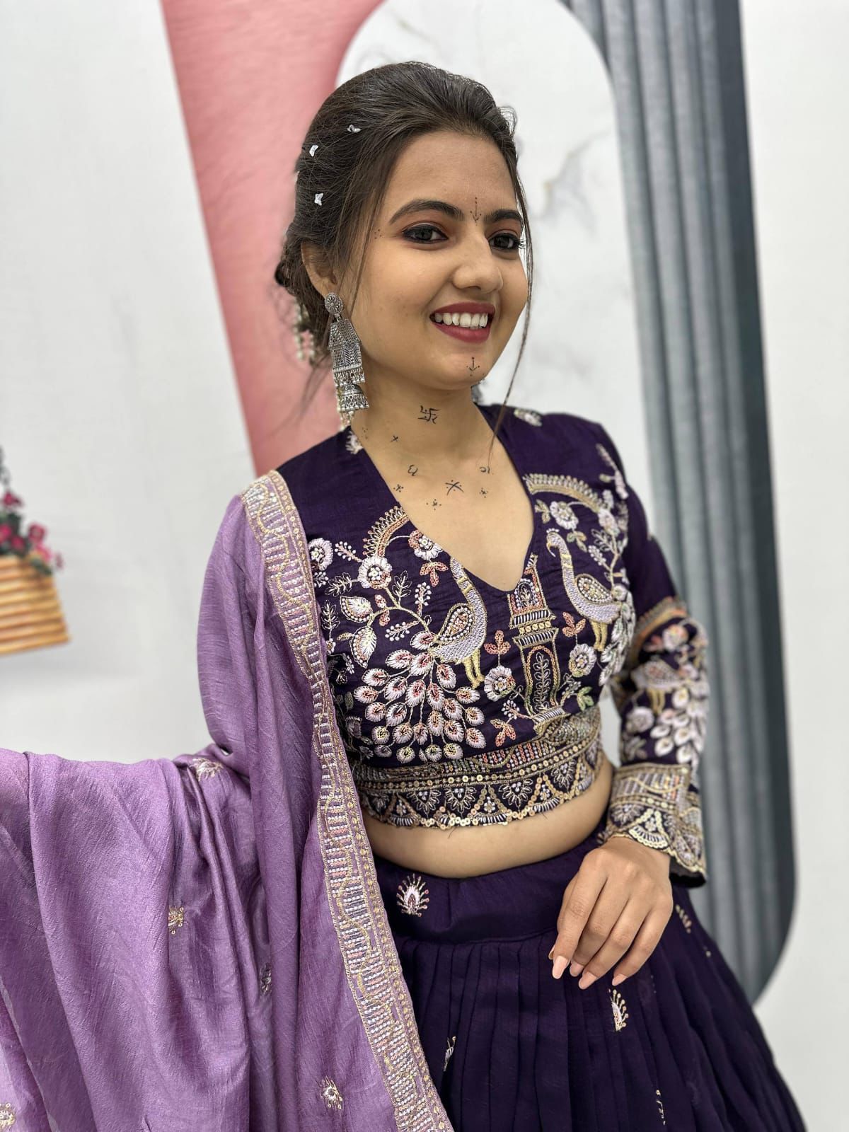 Purple Vichitra Silk Lehenga Choli with Peacock Embroidery Work