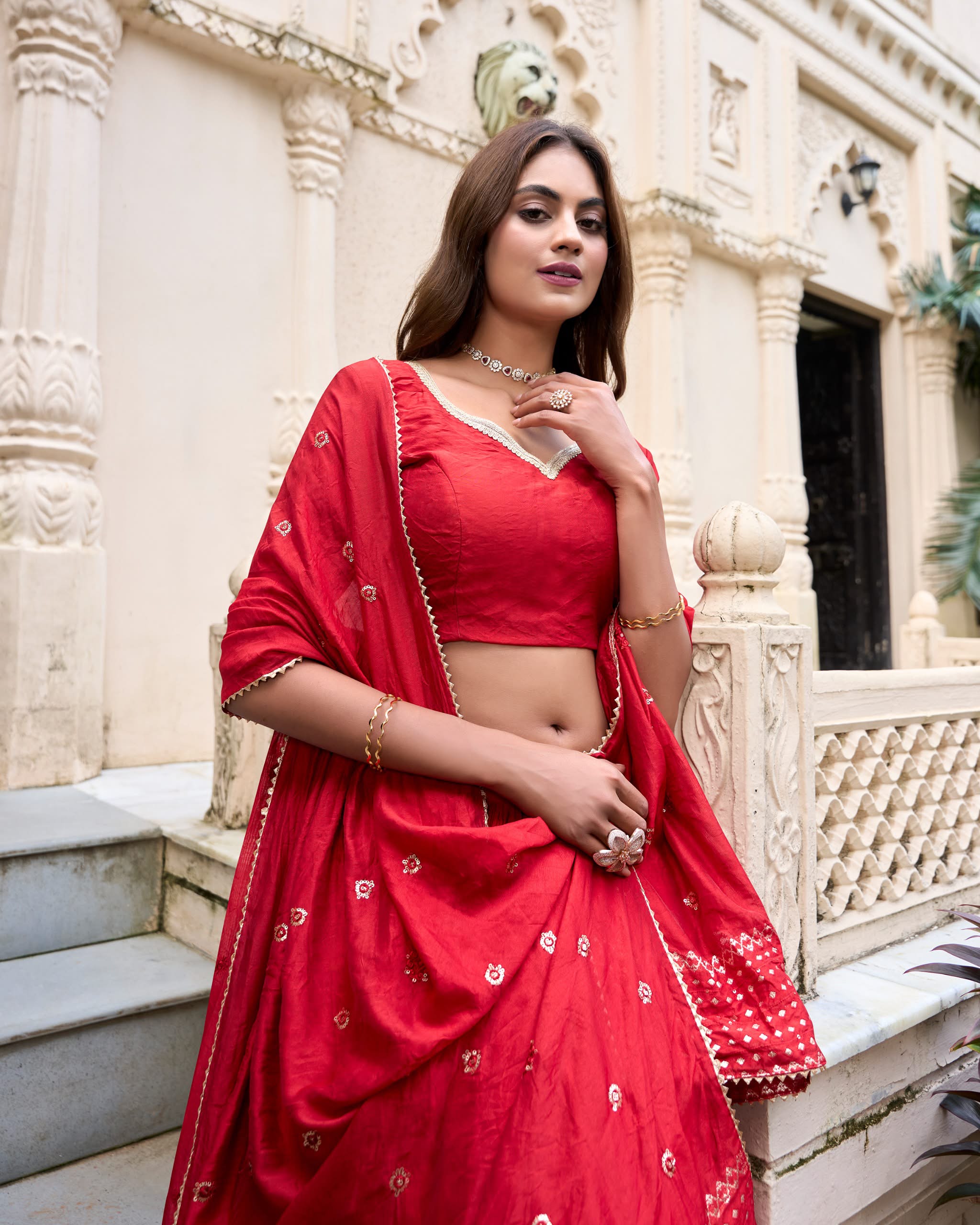 Crafted for Grace and Beauty: Pure Chanderi Plain Lehenga with Intricate Zari Work Border, Accompanied by Sequin Embellished Dupatta