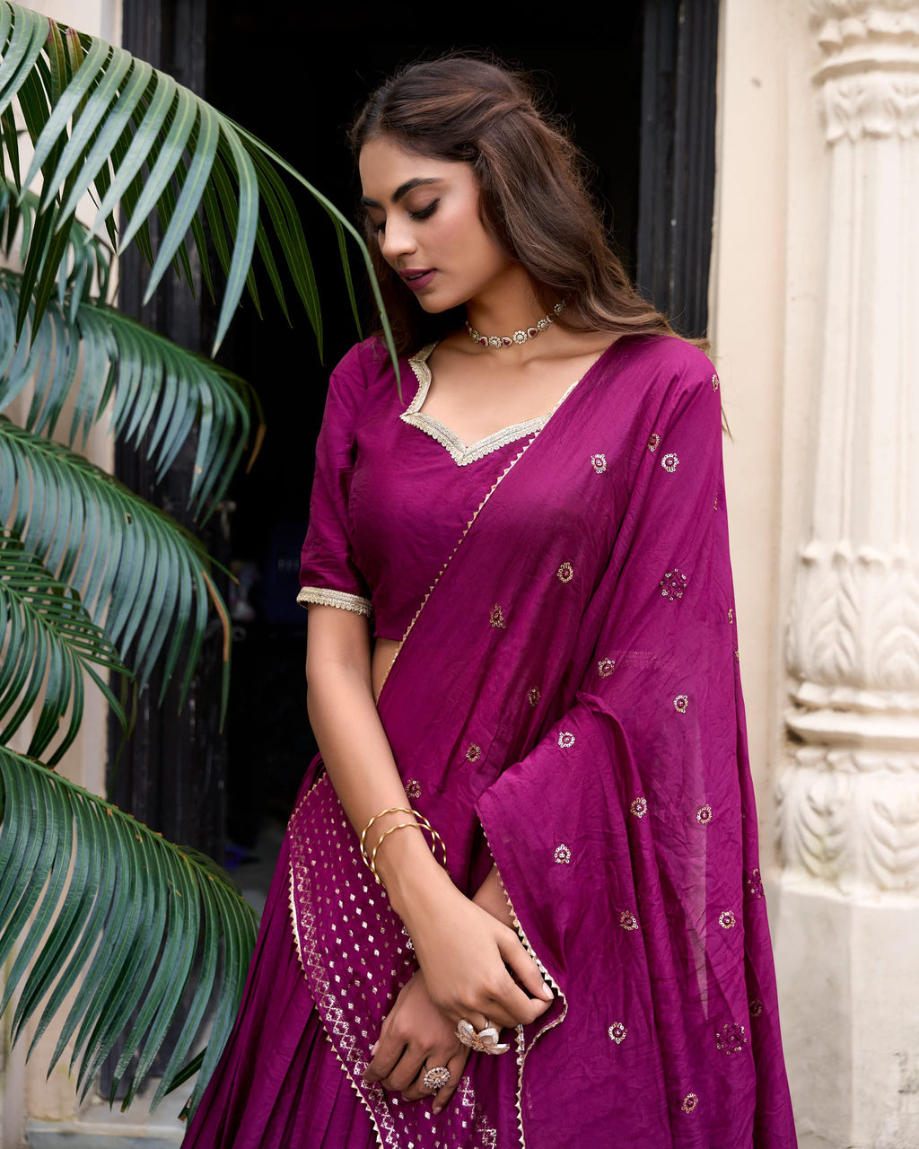 Crafted for Grace and Beauty: Pure Chanderi Plain Lehenga with Intricate Zari Work Border, Accompanied by Sequin Embellished Dupatta