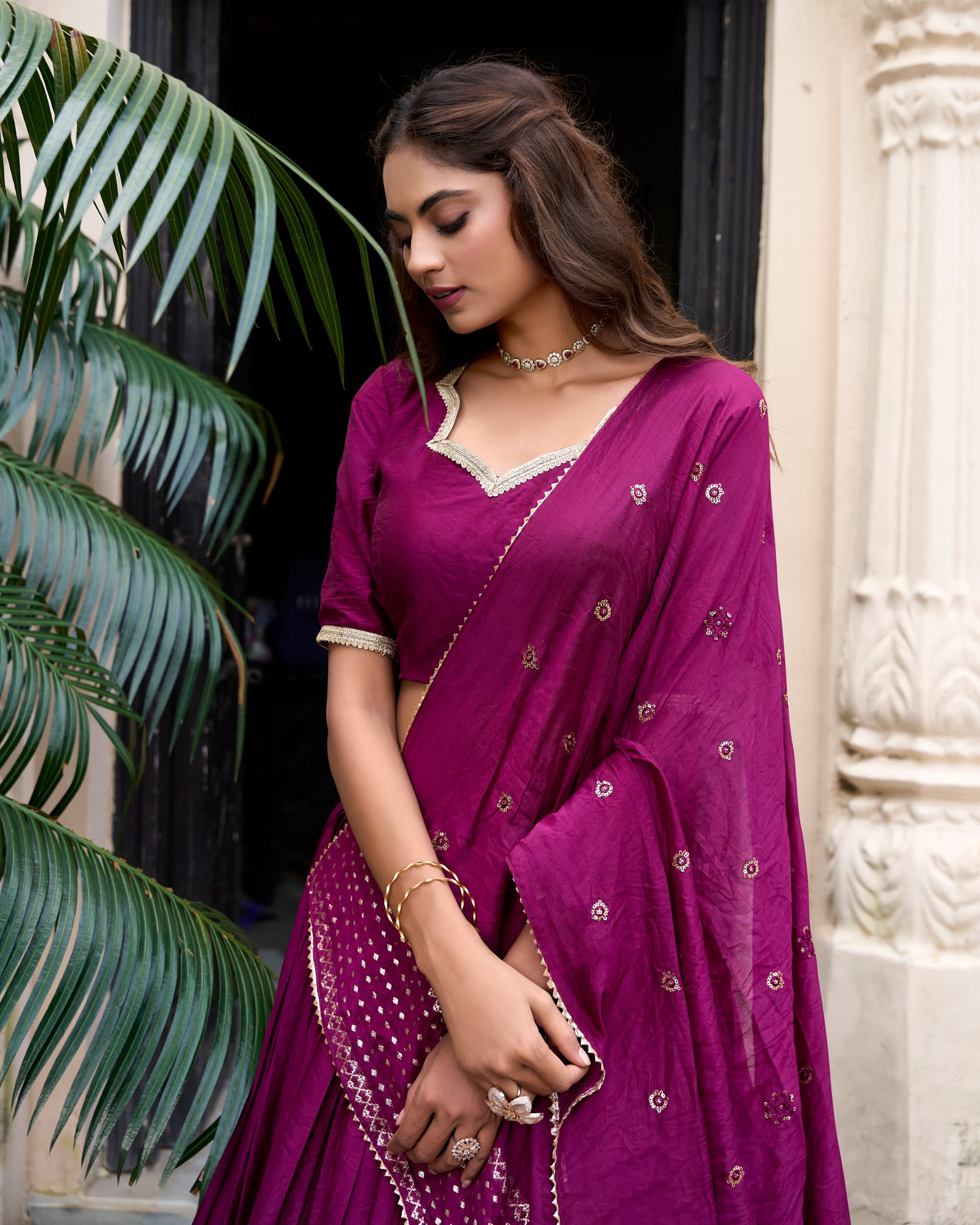 Crafted for Grace and Beauty: Pure Chanderi Plain Lehenga with Intricate Zari Work Border, Accompanied by Sequin Embellished Dupatta