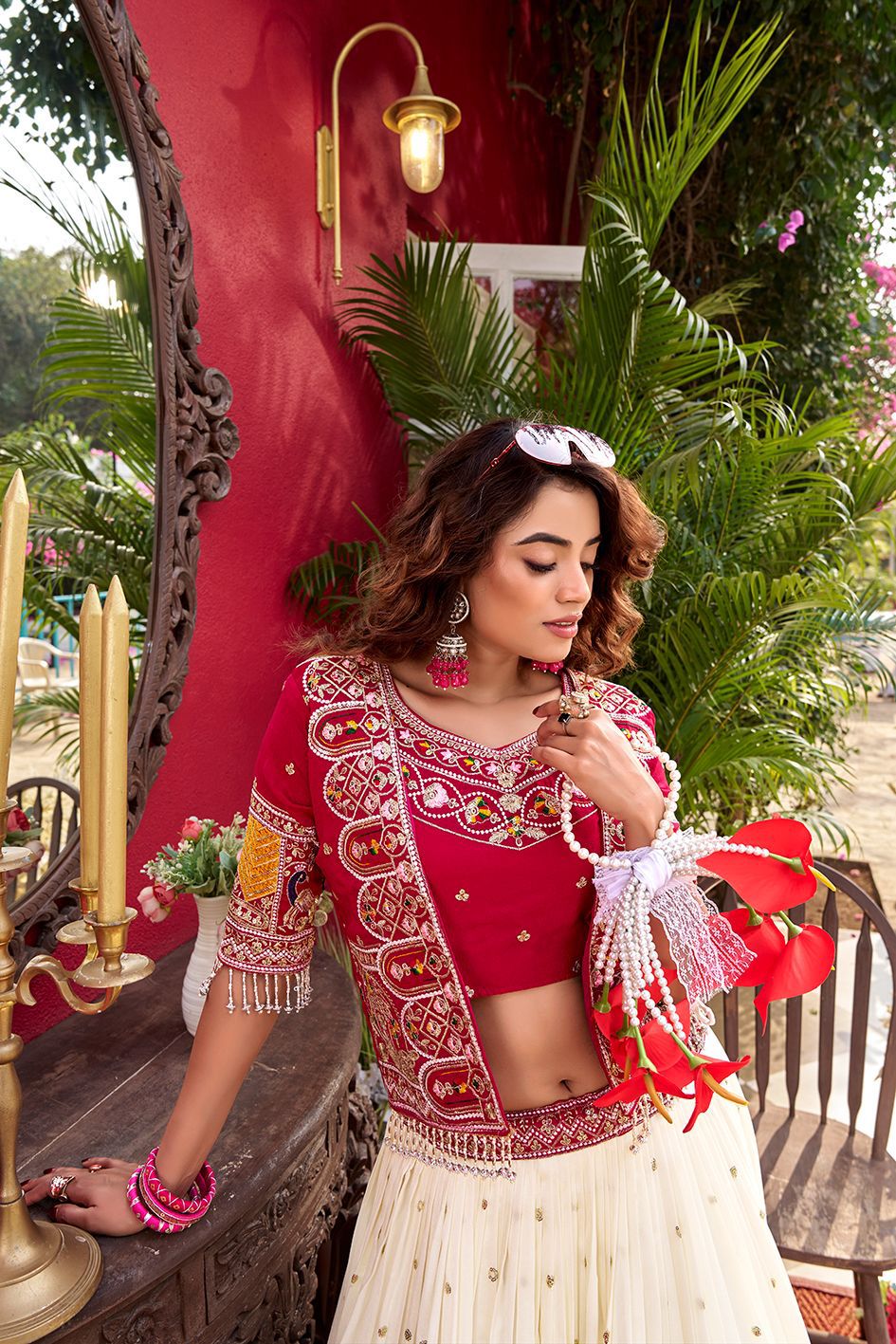 Designer Vichitra Lehenga Choli with Embroidered Koti for Women