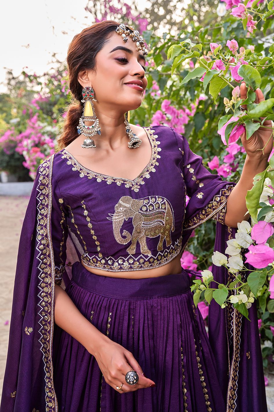 Designer Vichitra Wedding Lehenga Choli with Elephant Border Work