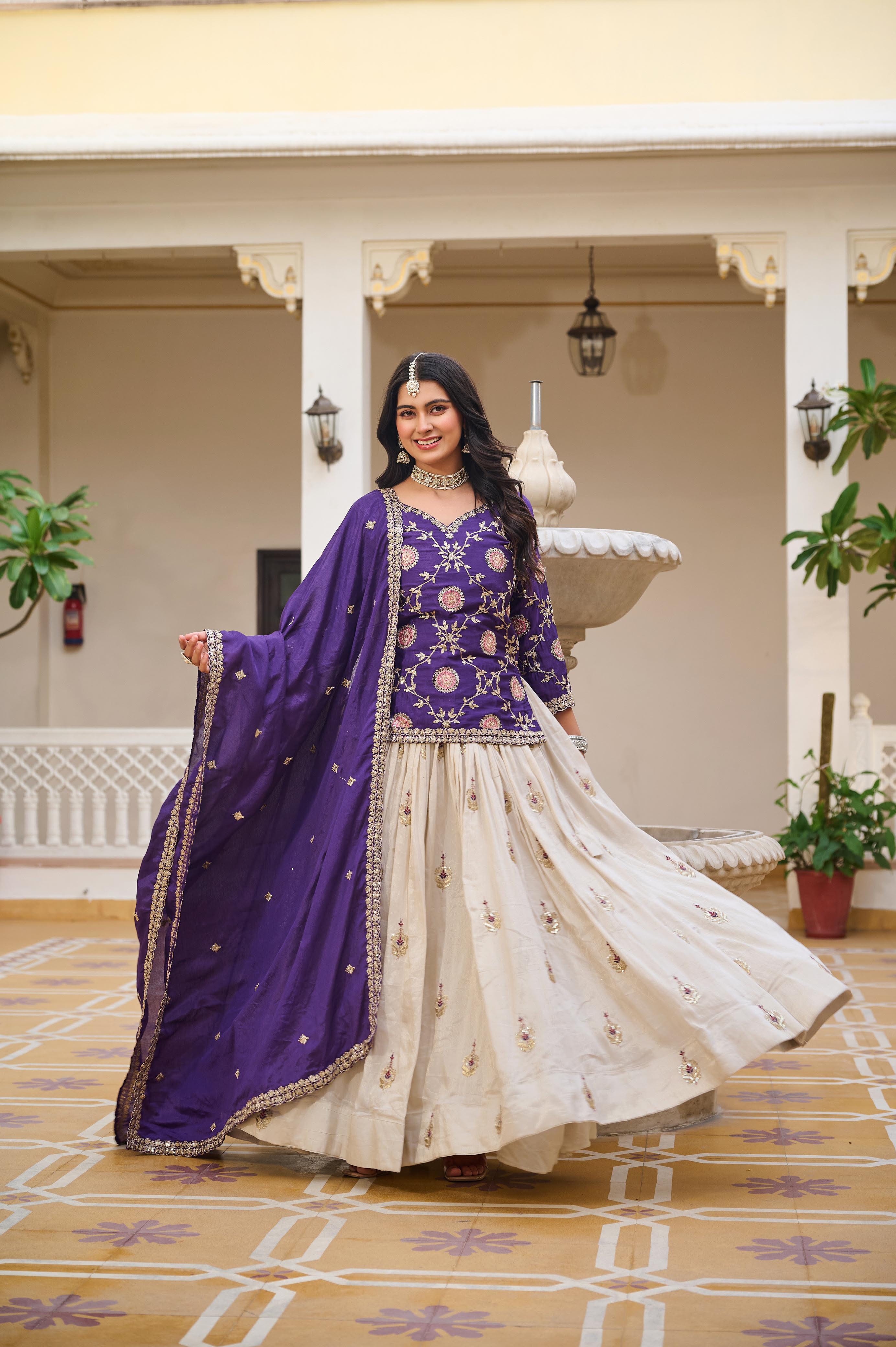 Heavy Embroidered Chinon Lehenga Choli with Tissue Silk Lehenga
