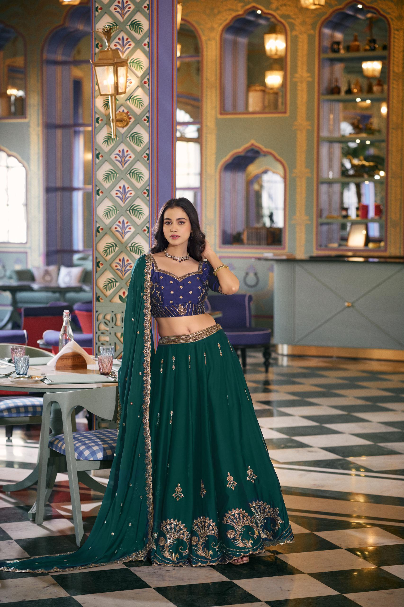 Emerald Green & Navy Blue Embroidered Lehenga Set with Dupatta