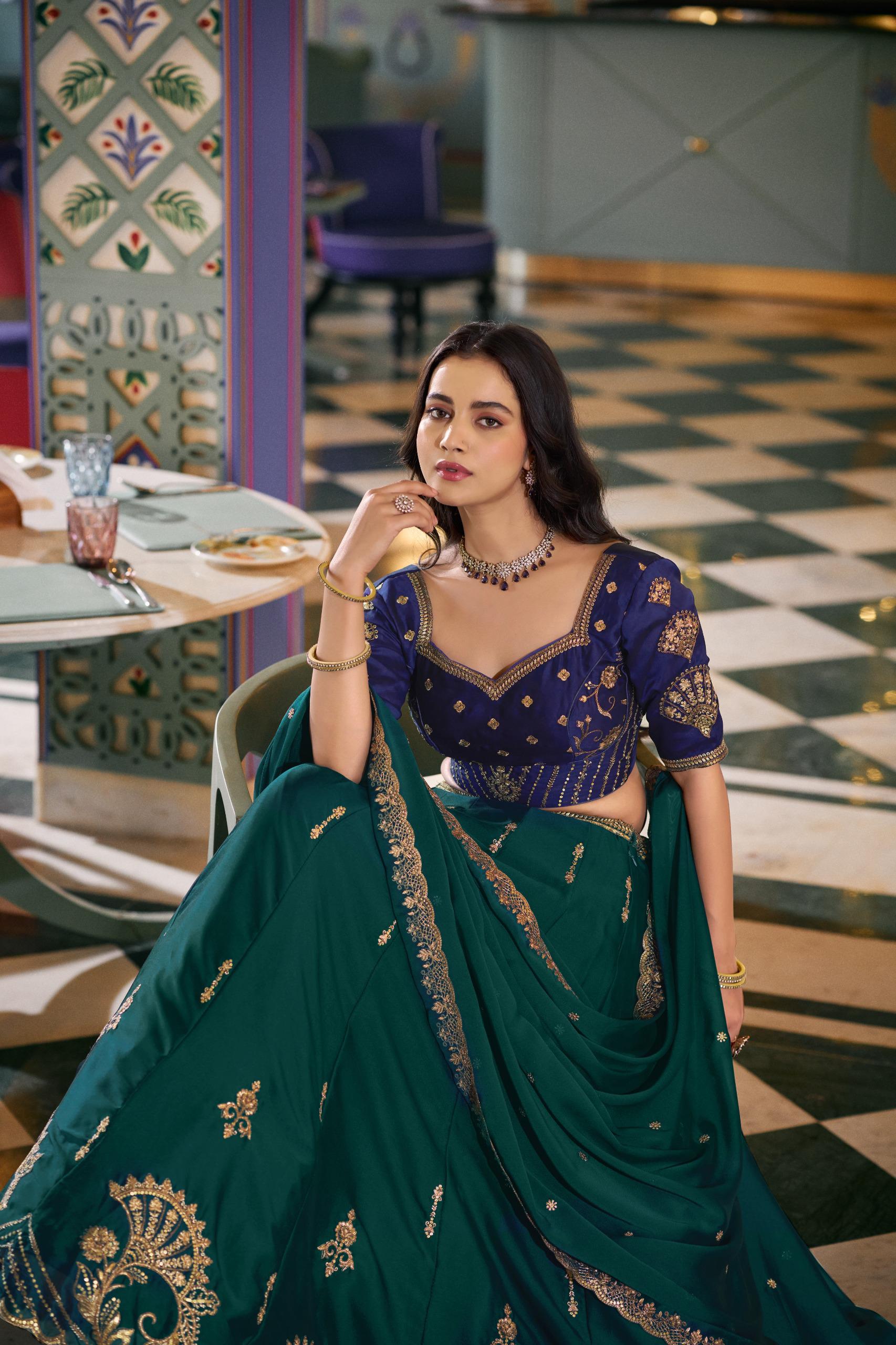 Emerald Green & Navy Blue Embroidered Lehenga Set with Dupatta