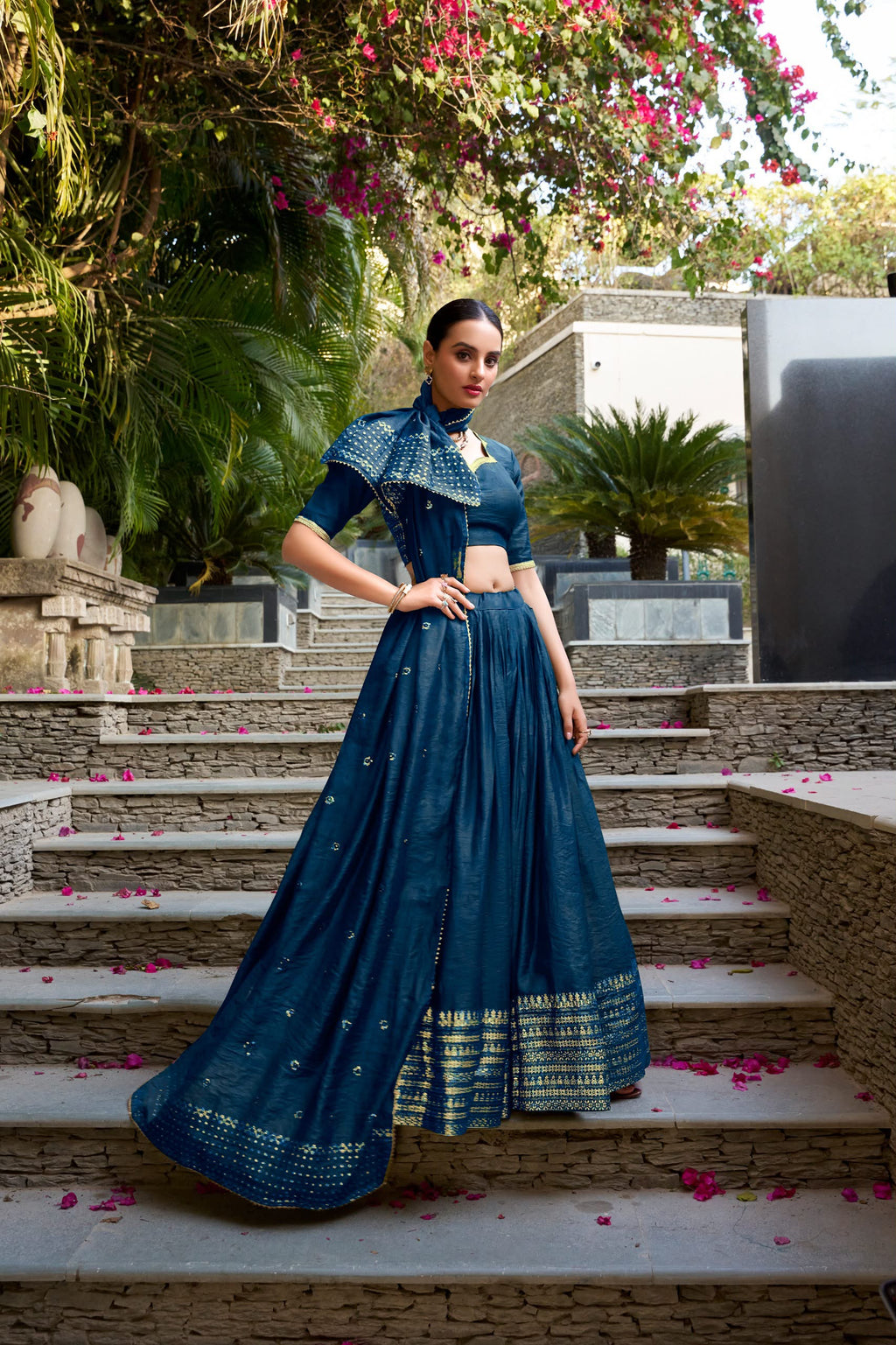 Crafted for Grace and Beauty: Pure Chanderi Plain Lehenga with Intricate Zari Work Border, Accompanied by Sequin Embellished Dupatta