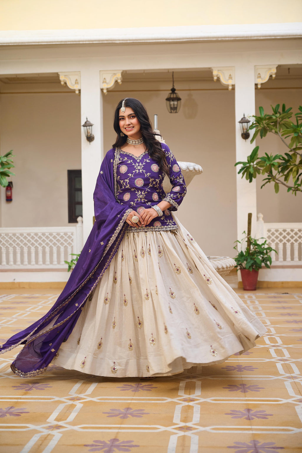 Heavy Embroidered Chinon Lehenga Choli with Tissue Silk Lehenga