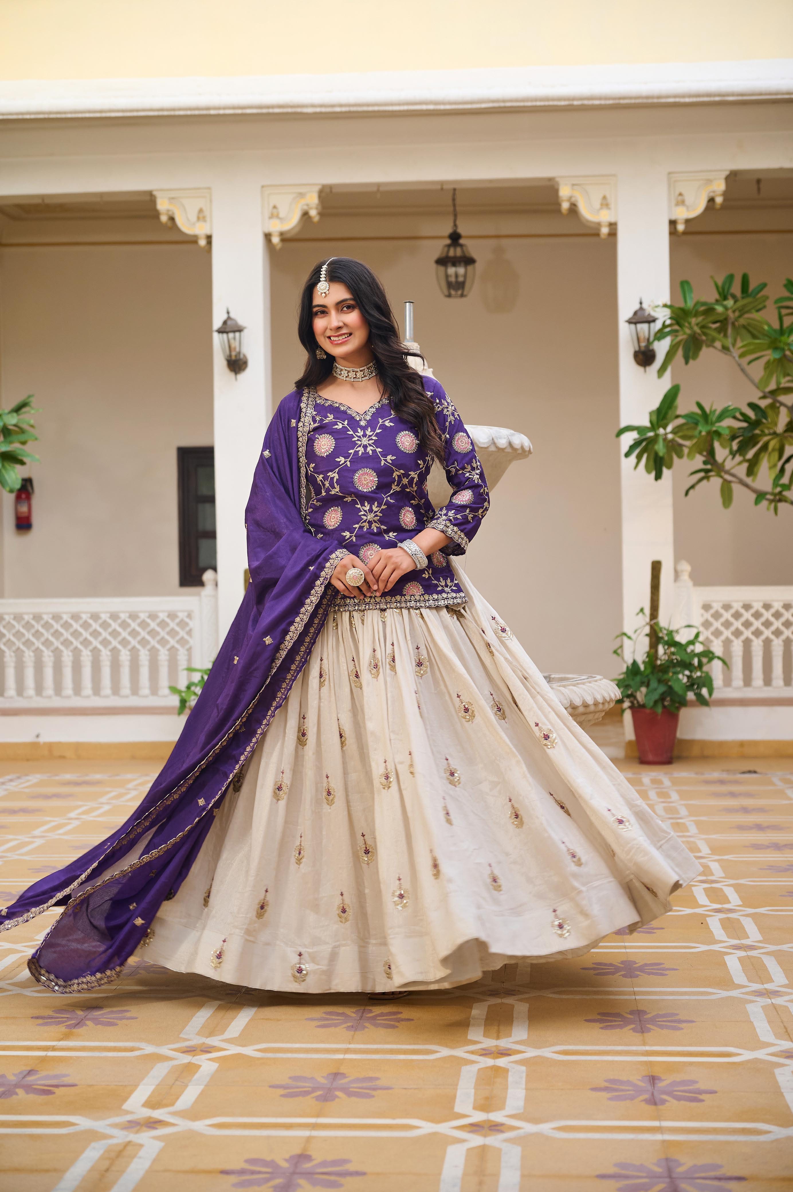 Heavy Embroidered Chinon Lehenga Choli with Tissue Silk Lehenga