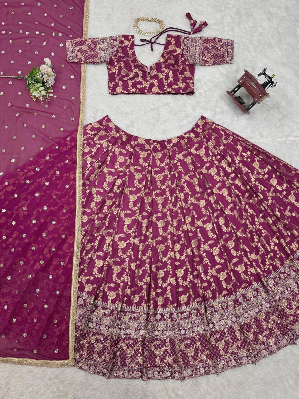 👉 Zarika Wine Zari Embroidered Lehenga Choli Set with Dupatta