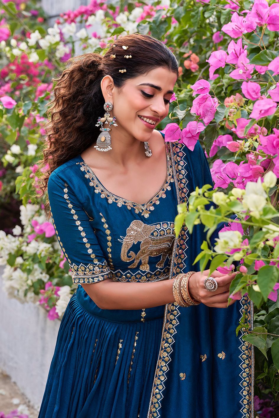 Designer Vichitra Wedding Lehenga Choli with Elephant Border Work