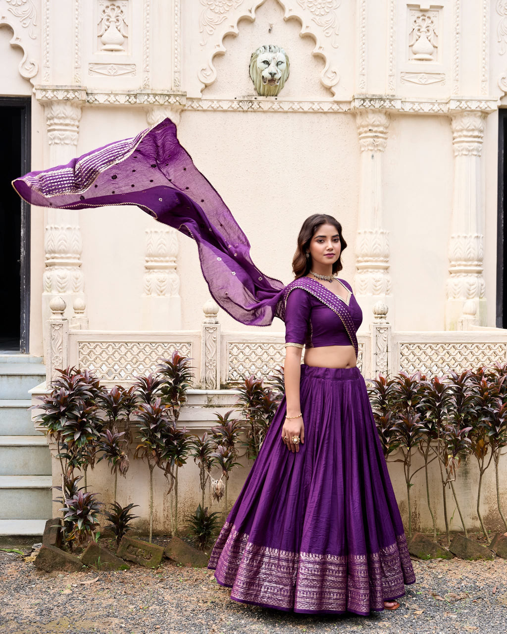 Crafted for Grace and Beauty: Pure Chanderi Plain Lehenga with Intricate Zari Work Border, Accompanied by Sequin Embellished Dupatta