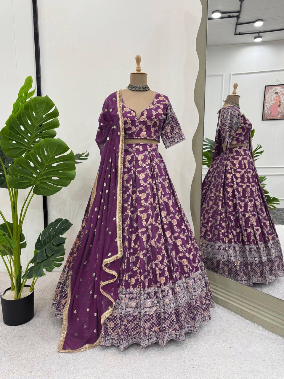 👉 Zarika Wine Zari Embroidered Lehenga Choli Set with Dupatta