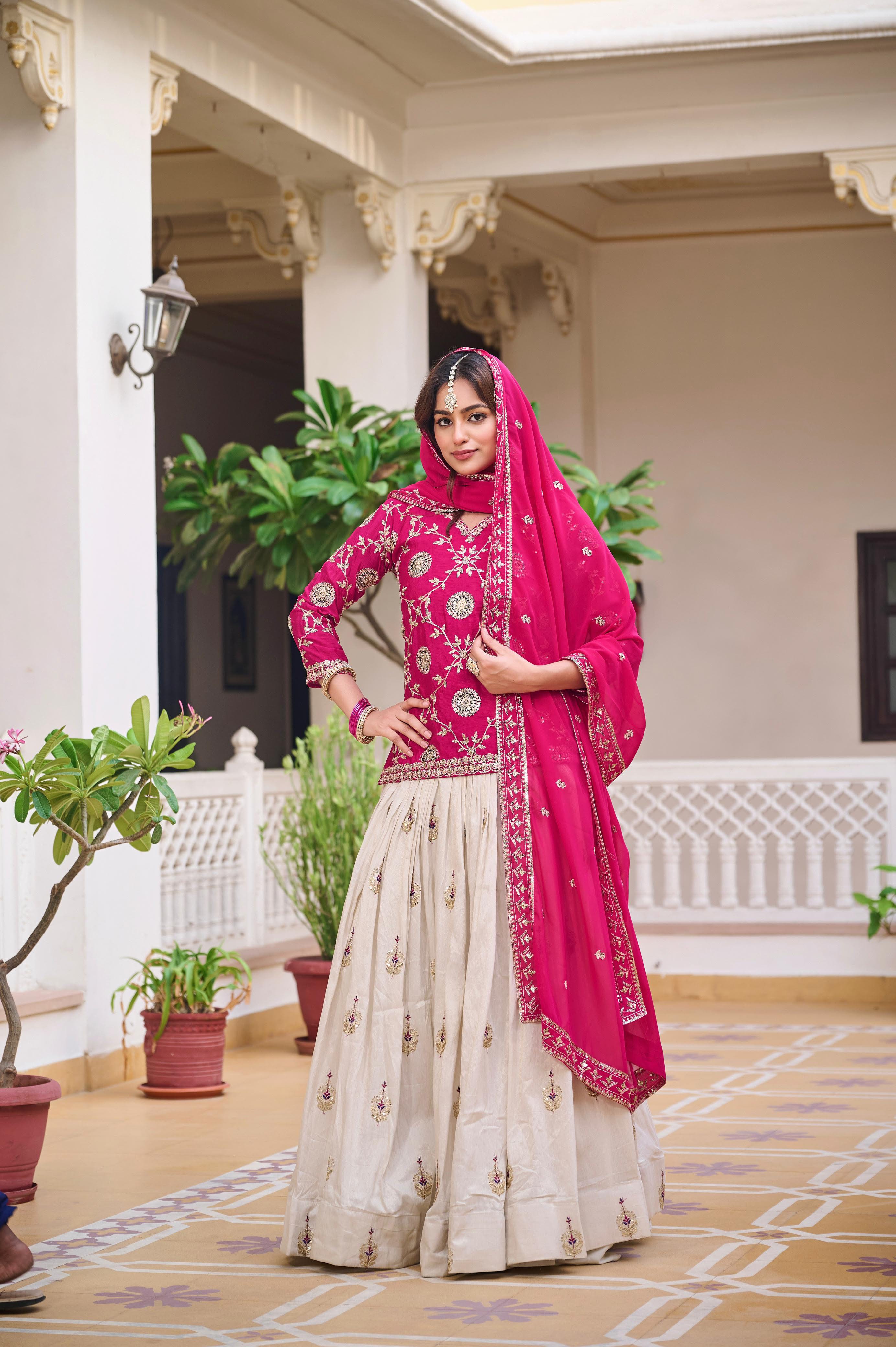 Heavy Embroidered Chinon Lehenga Choli with Tissue Silk Lehenga