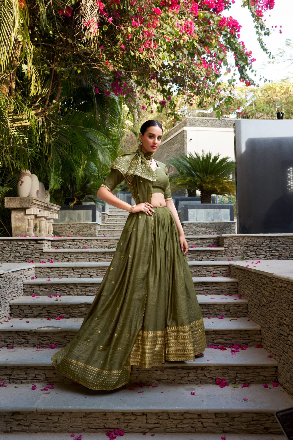 Crafted for Grace and Beauty: Pure Chanderi Plain Lehenga with Intricate Zari Work Border, Accompanied by Sequin Embellished Dupatta
