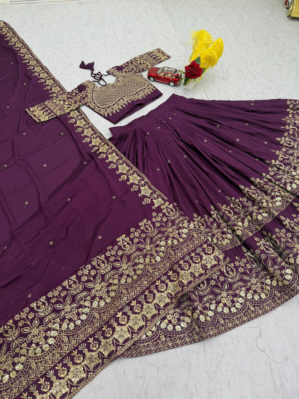 Purple Chinon Lehenga Choli with Heavy Embroidery & Latkan Dupatta