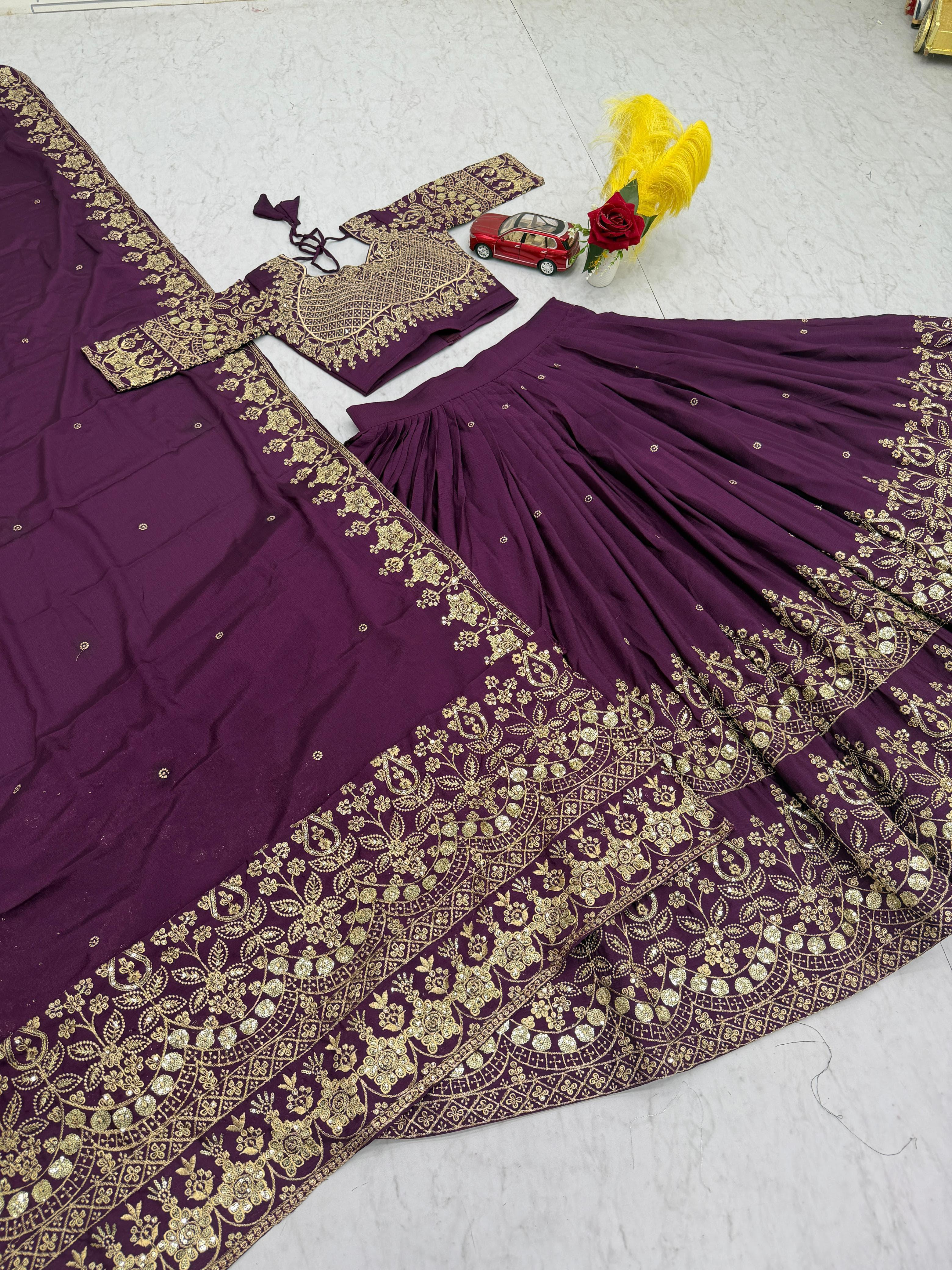 Purple Chinon Lehenga Choli with Heavy Embroidery & Latkan Dupatta