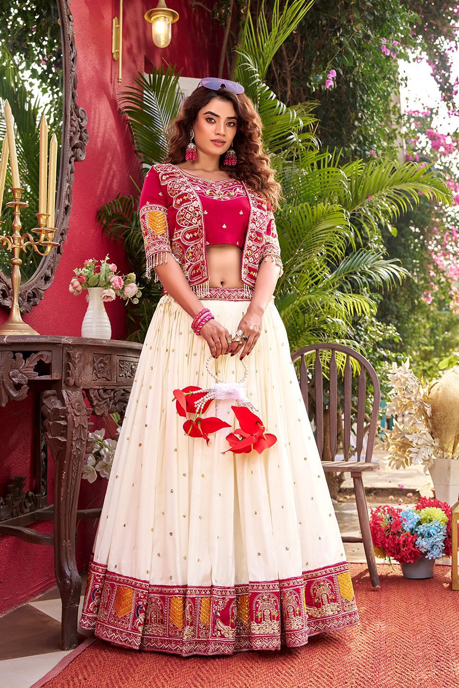 Designer Vichitra Lehenga Choli with Embroidered Koti for Women