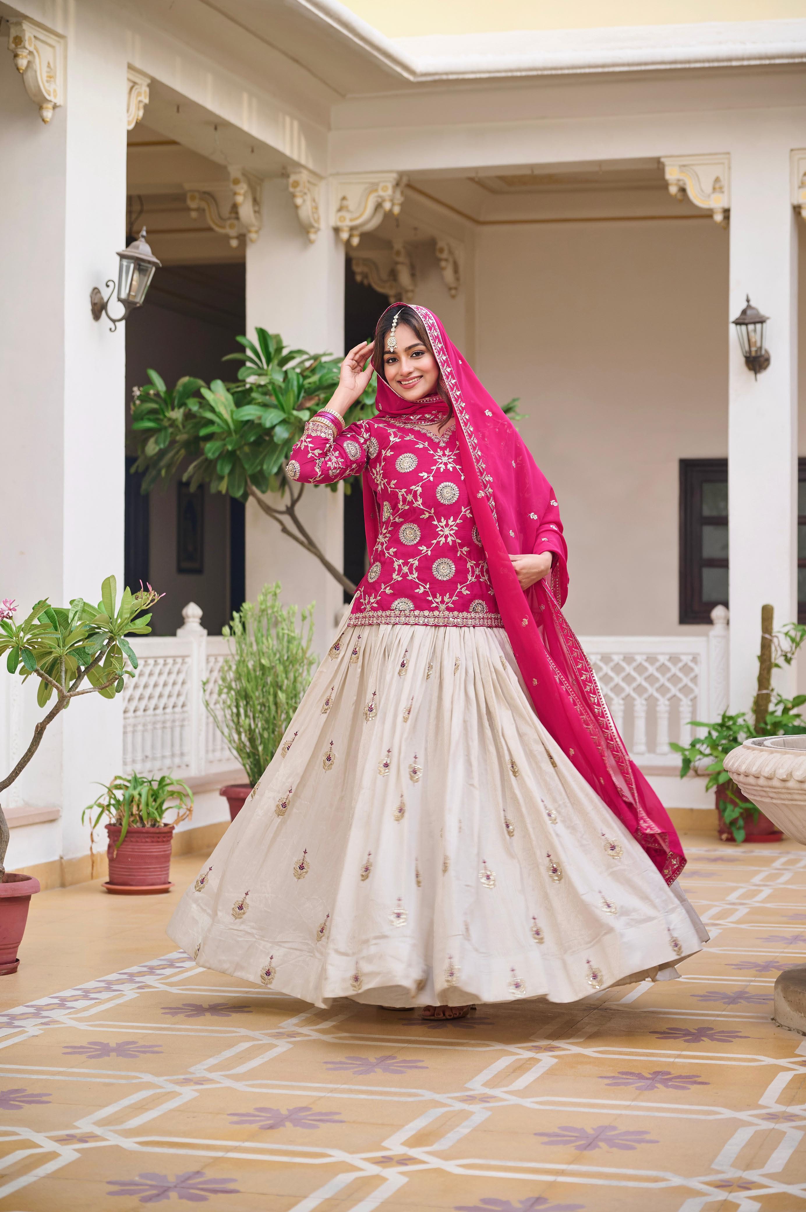 Heavy Embroidered Chinon Lehenga Choli with Tissue Silk Lehenga