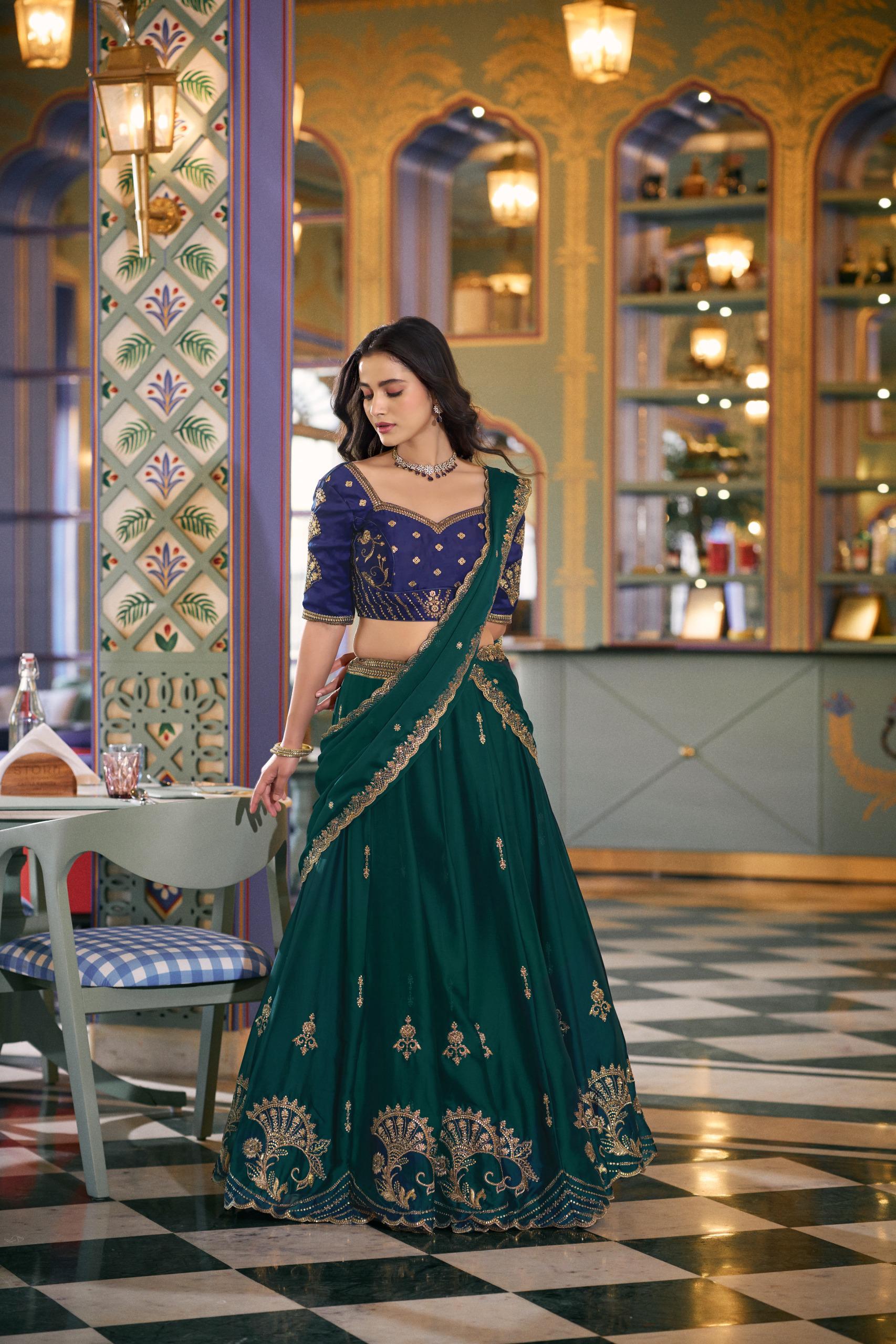 Emerald Green & Navy Blue Embroidered Lehenga Set with Dupatta