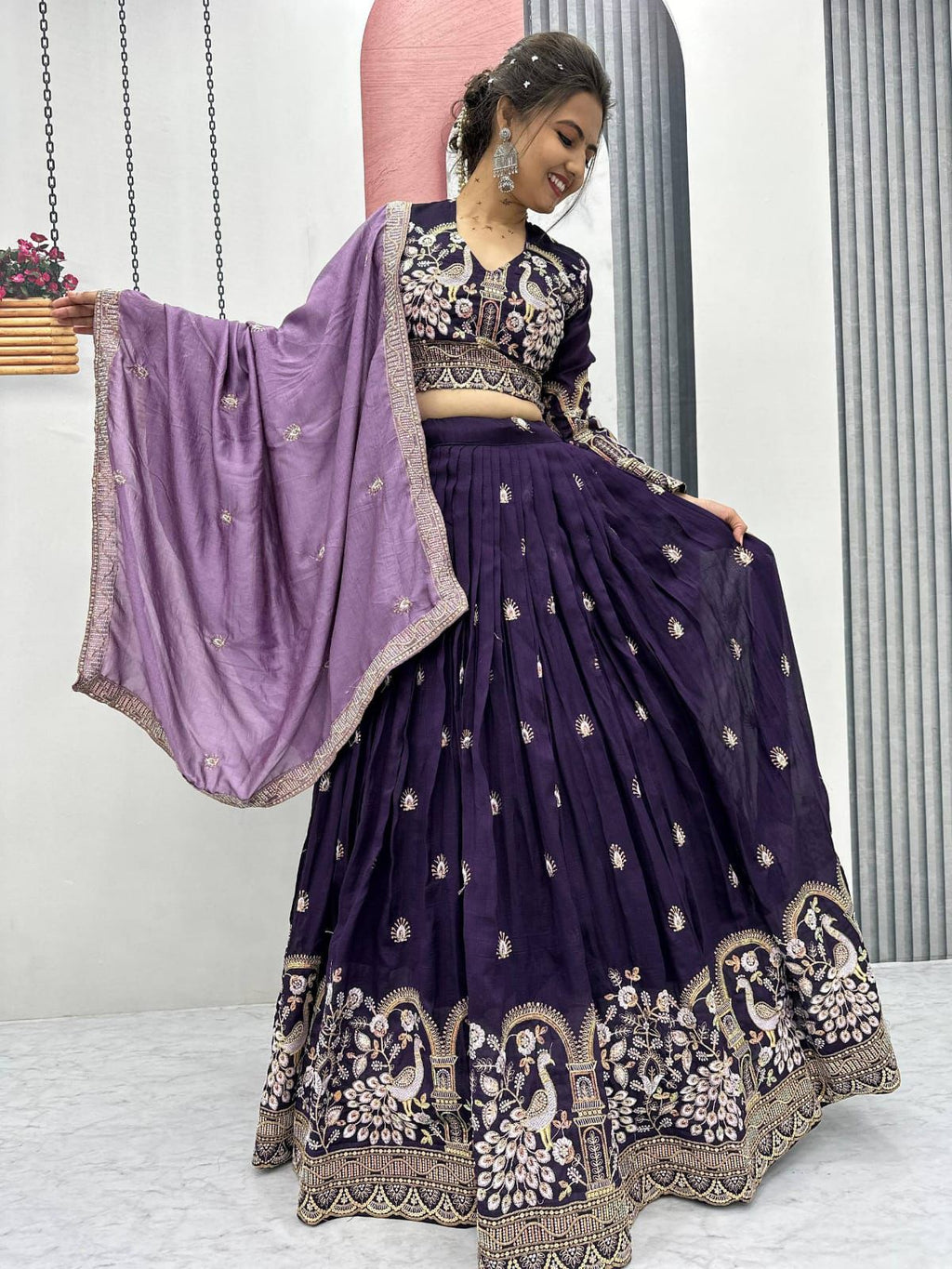 Purple Vichitra Silk Lehenga Choli with Peacock Embroidery Work