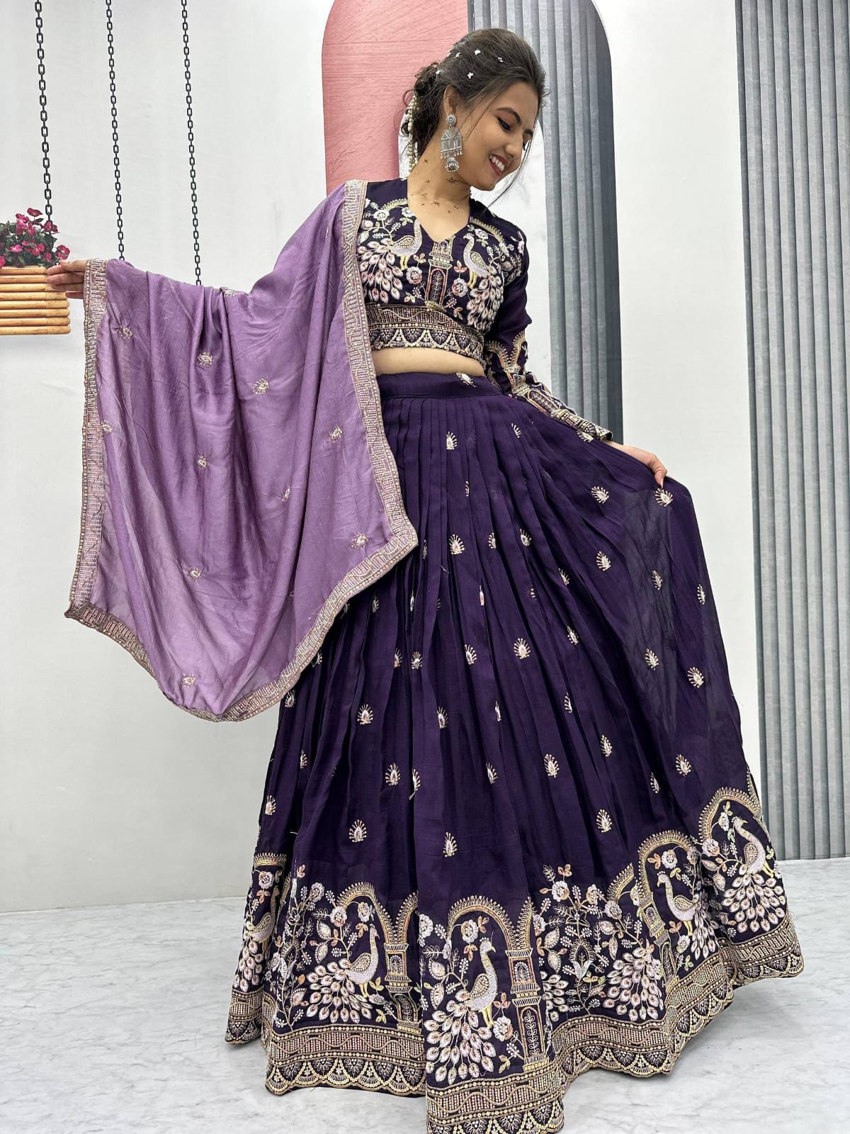 Purple Vichitra Silk Lehenga Choli with Peacock Embroidery Work