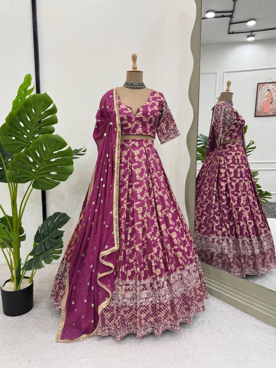 👉 Zarika Wine Zari Embroidered Lehenga Choli Set with Dupatta