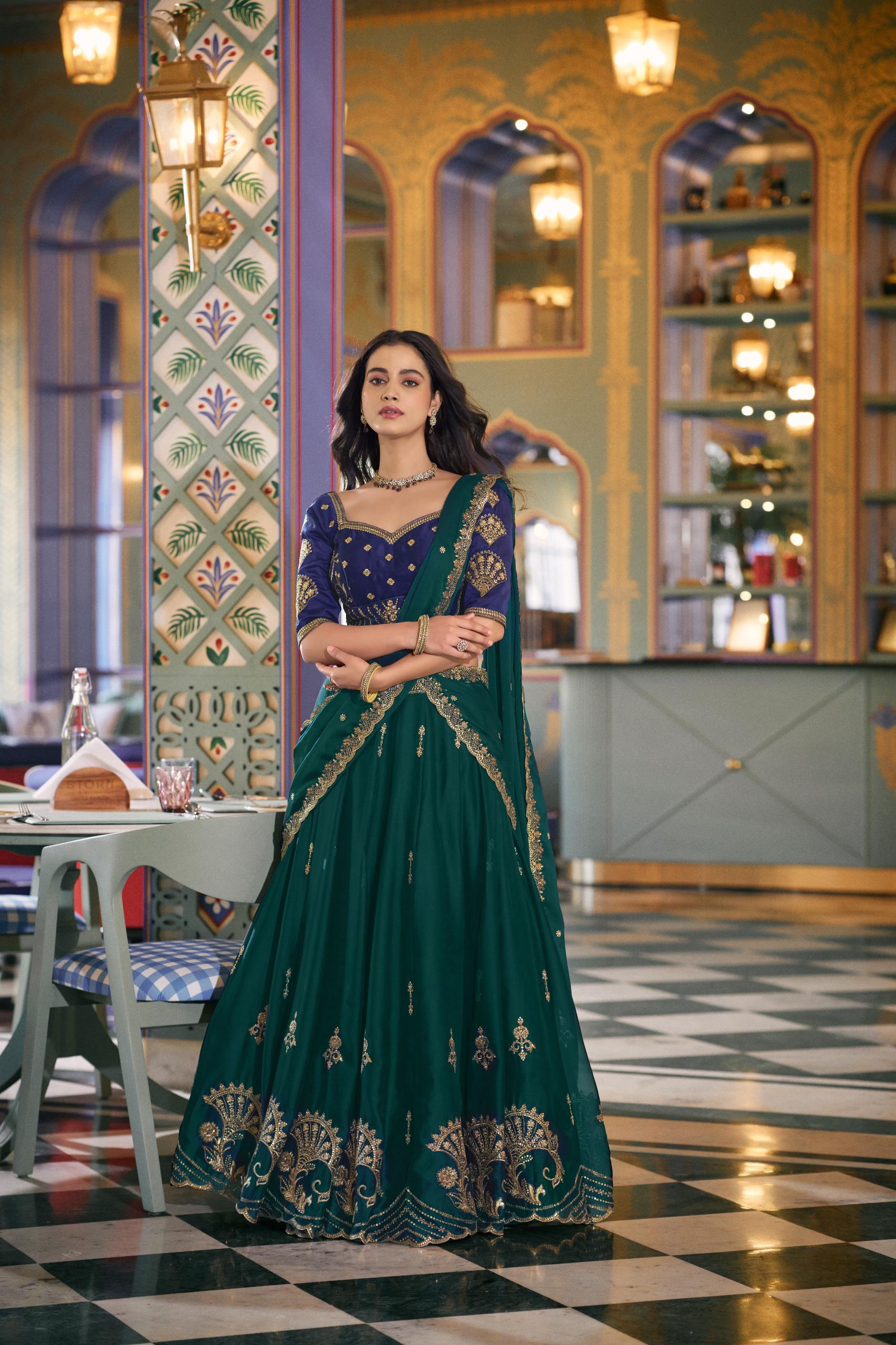 Emerald Green & Navy Blue Embroidered Lehenga Set with Dupatta