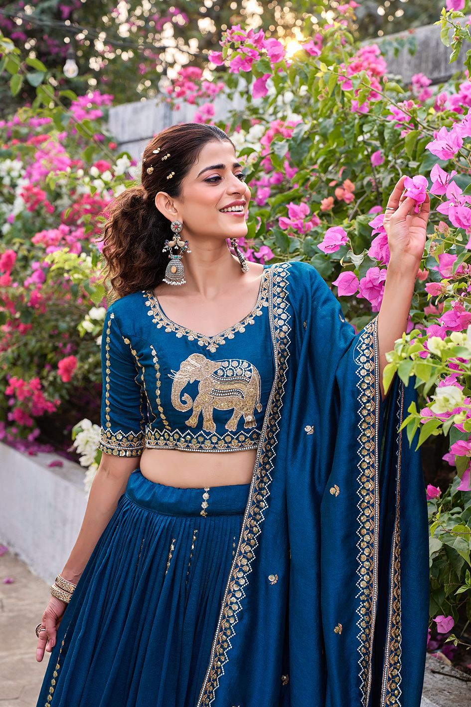 Designer Vichitra Wedding Lehenga Choli with Elephant Border Work