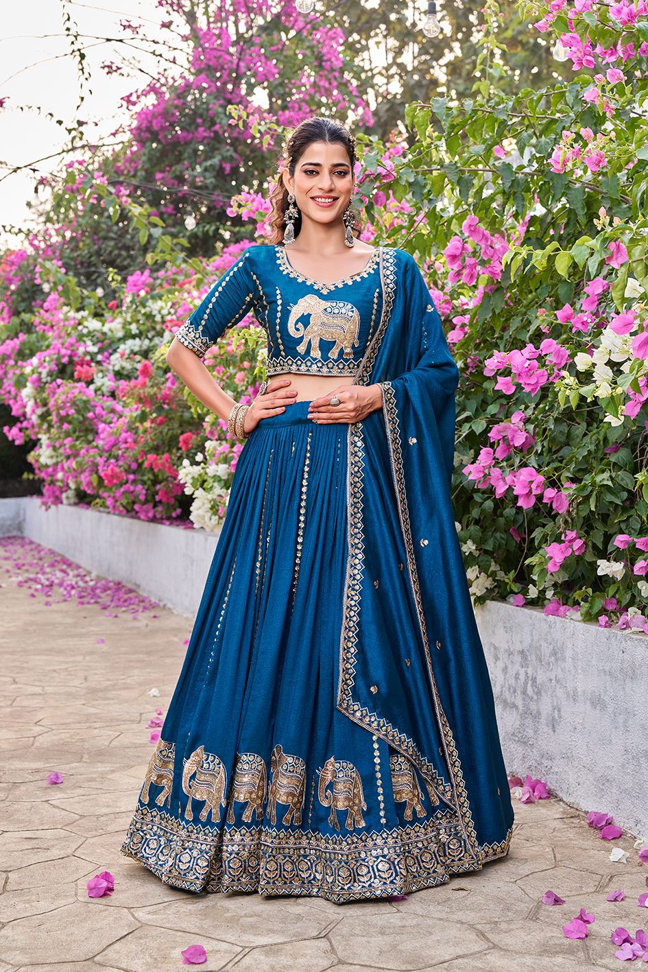 Designer Vichitra Wedding Lehenga Choli with Elephant Border Work