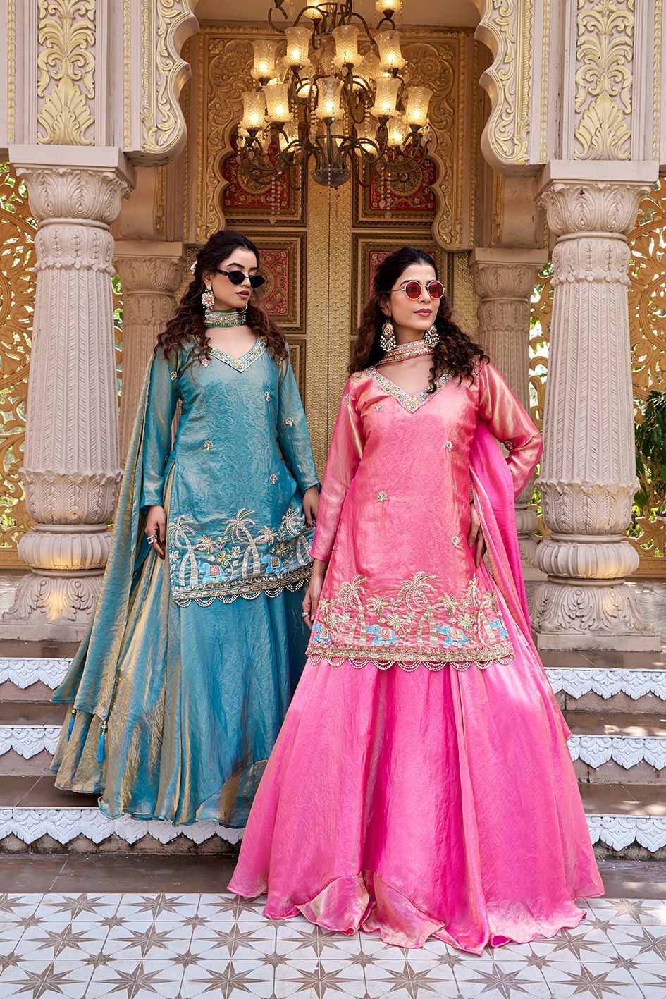 Gulnaar Embroidered Lehenga Choli Set with Dupatta (Pink & Teal)