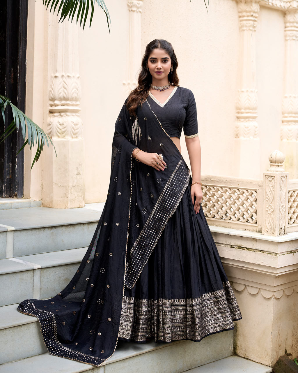 Crafted for Grace and Beauty: Pure Chanderi Plain Lehenga with Intricate Zari Work Border, Accompanied by Sequin Embellished Dupatta