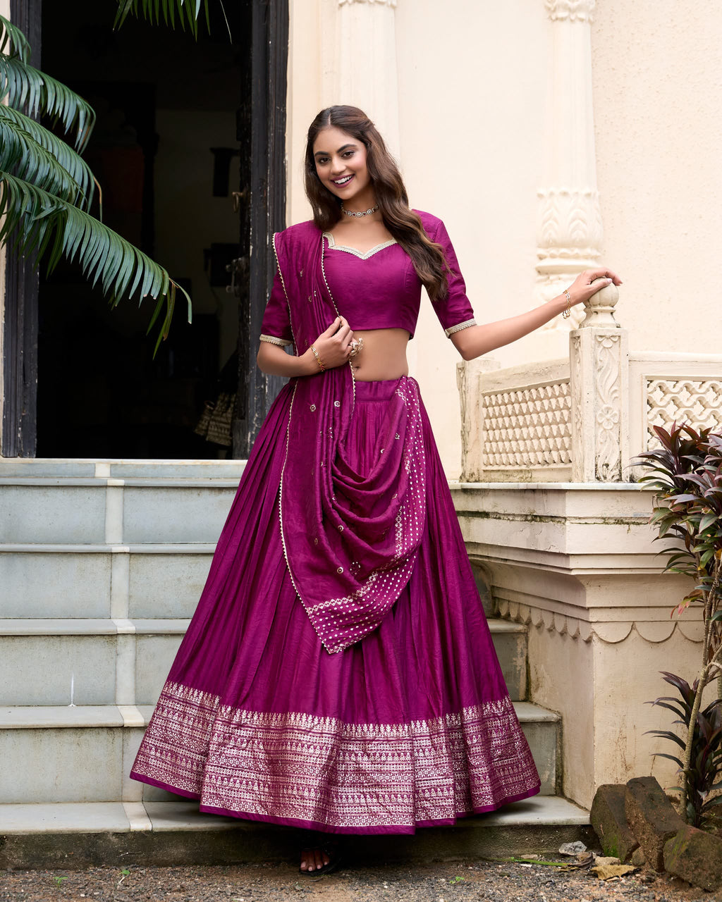 Crafted for Grace and Beauty: Pure Chanderi Plain Lehenga with Intricate Zari Work Border, Accompanied by Sequin Embellished Dupatta