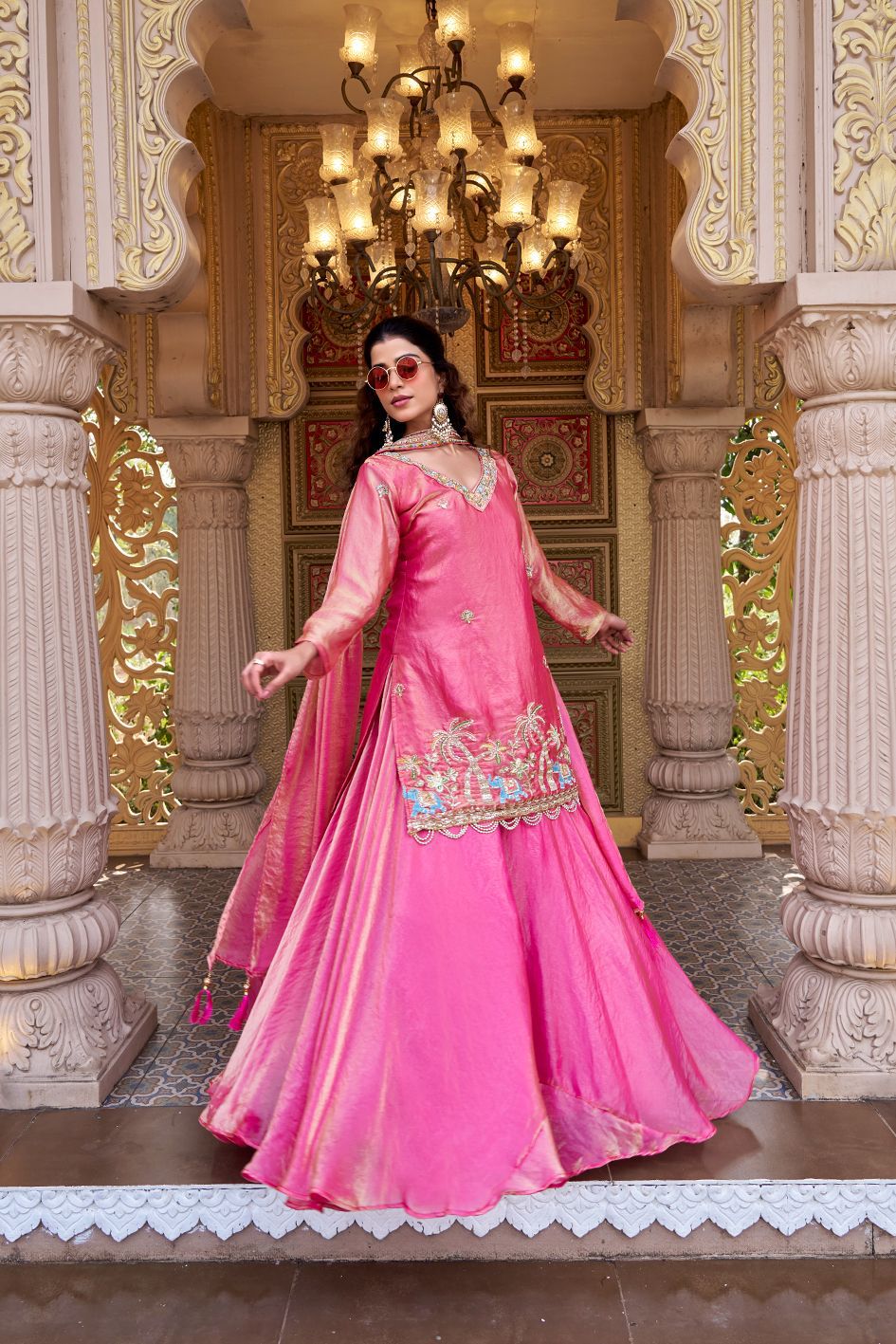 Gulnaar Embroidered Lehenga Choli Set with Dupatta (Pink & Teal)