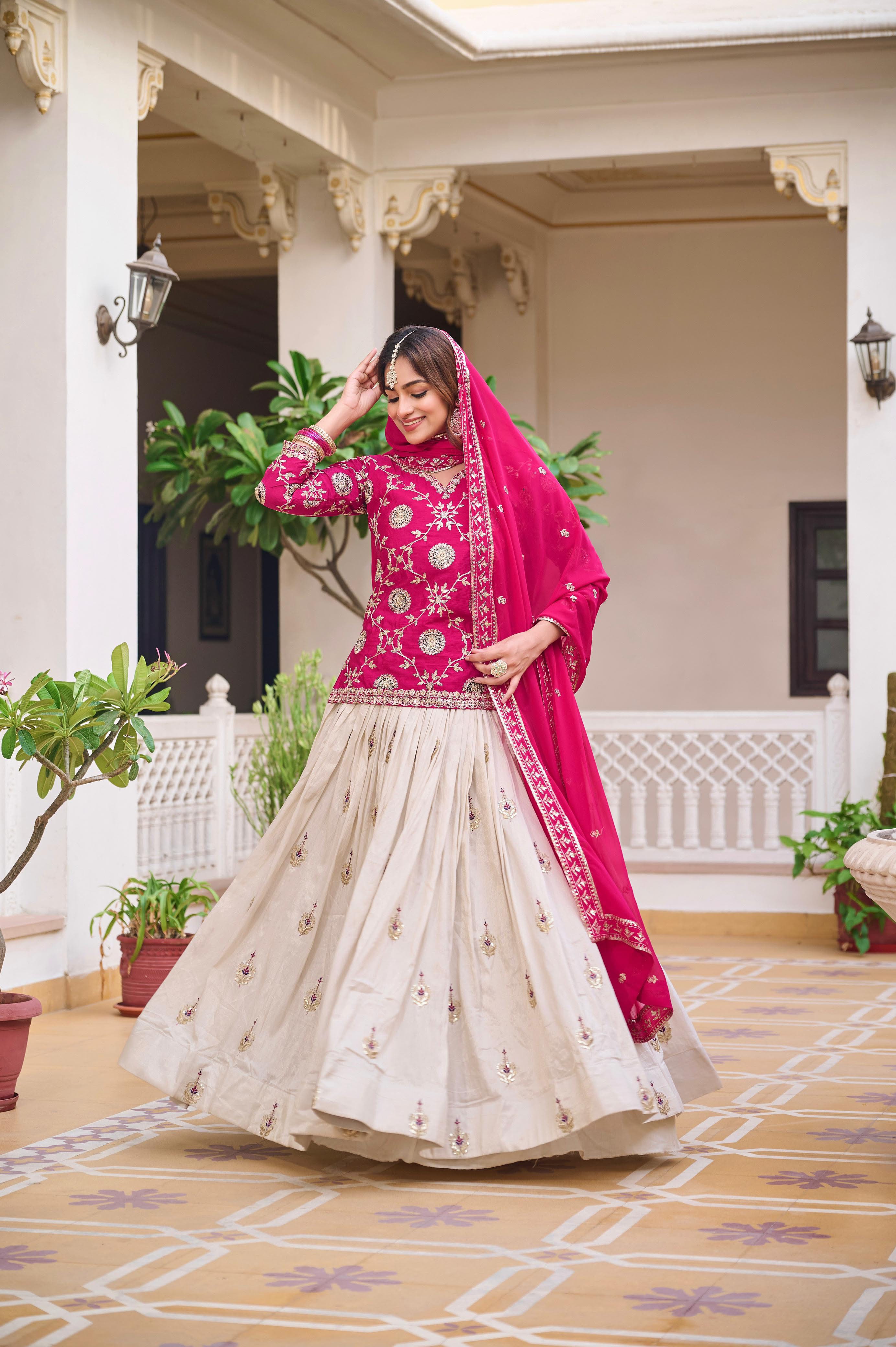 Heavy Embroidered Chinon Lehenga Choli with Tissue Silk Lehenga