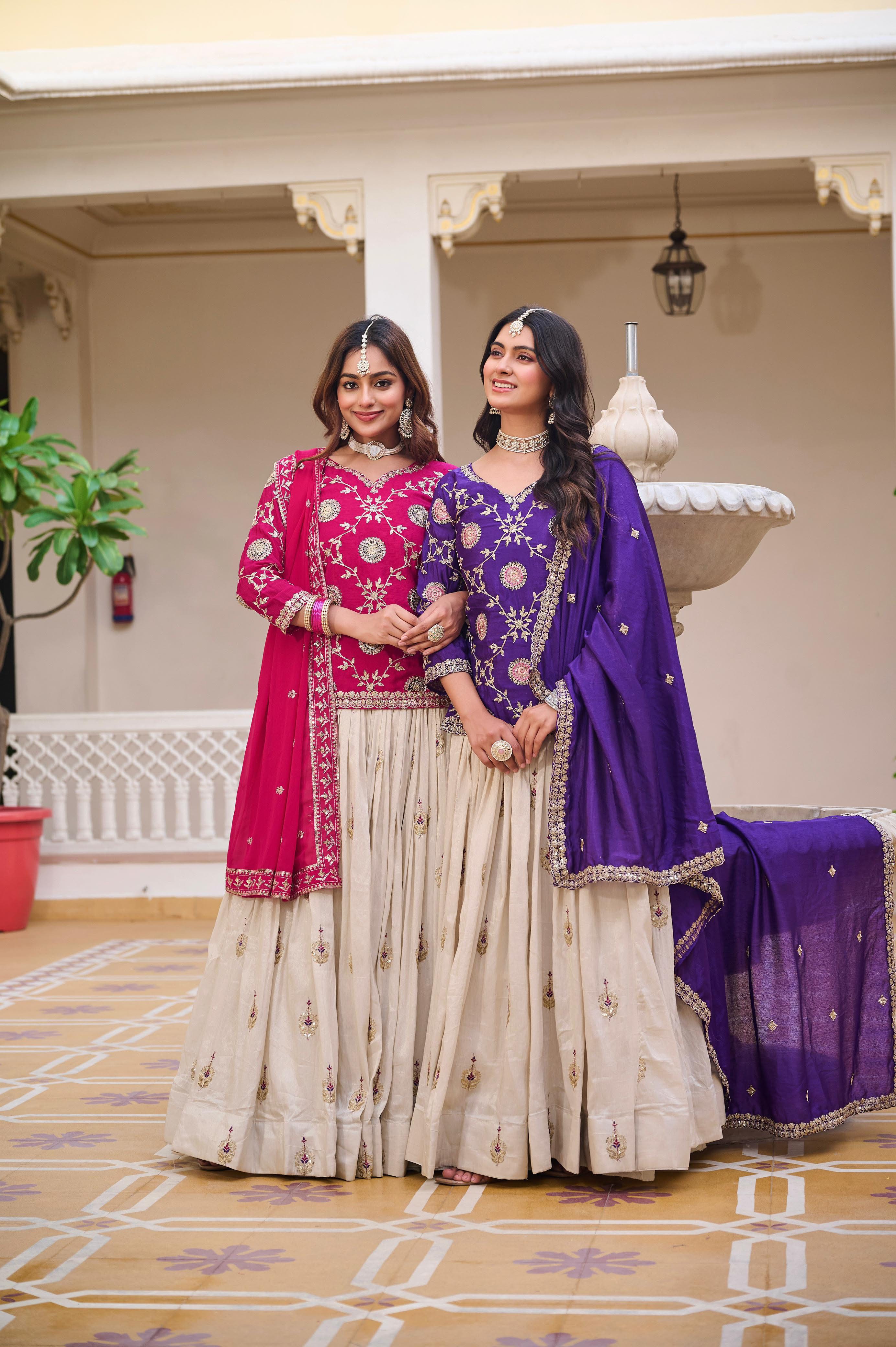 Heavy Embroidered Chinon Lehenga Choli with Tissue Silk Lehenga
