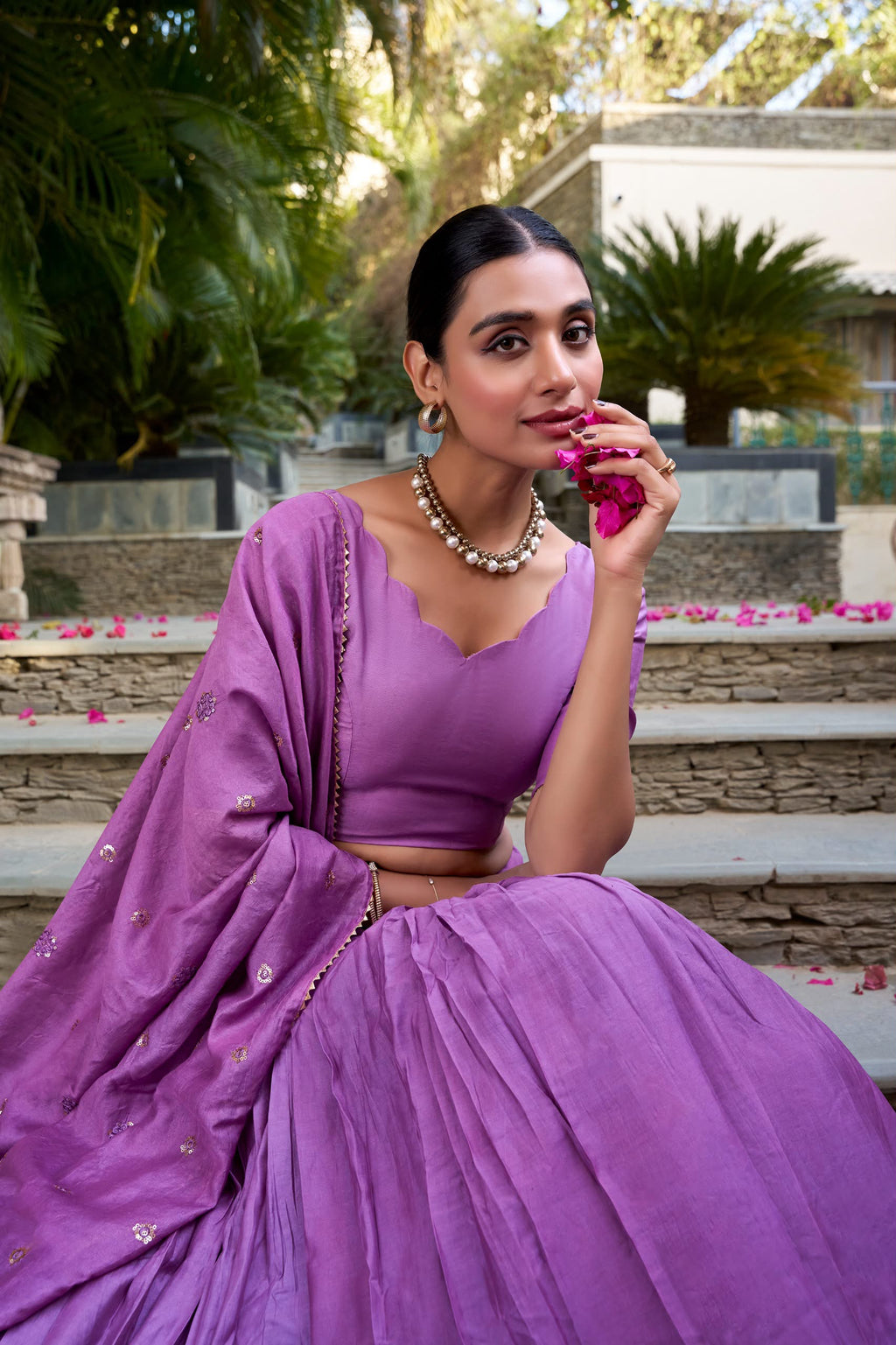 Crafted for Grace and Beauty: Pure Chanderi Plain Lehenga with Intricate Zari Work Border, Accompanied by Sequin Embellished Dupatta