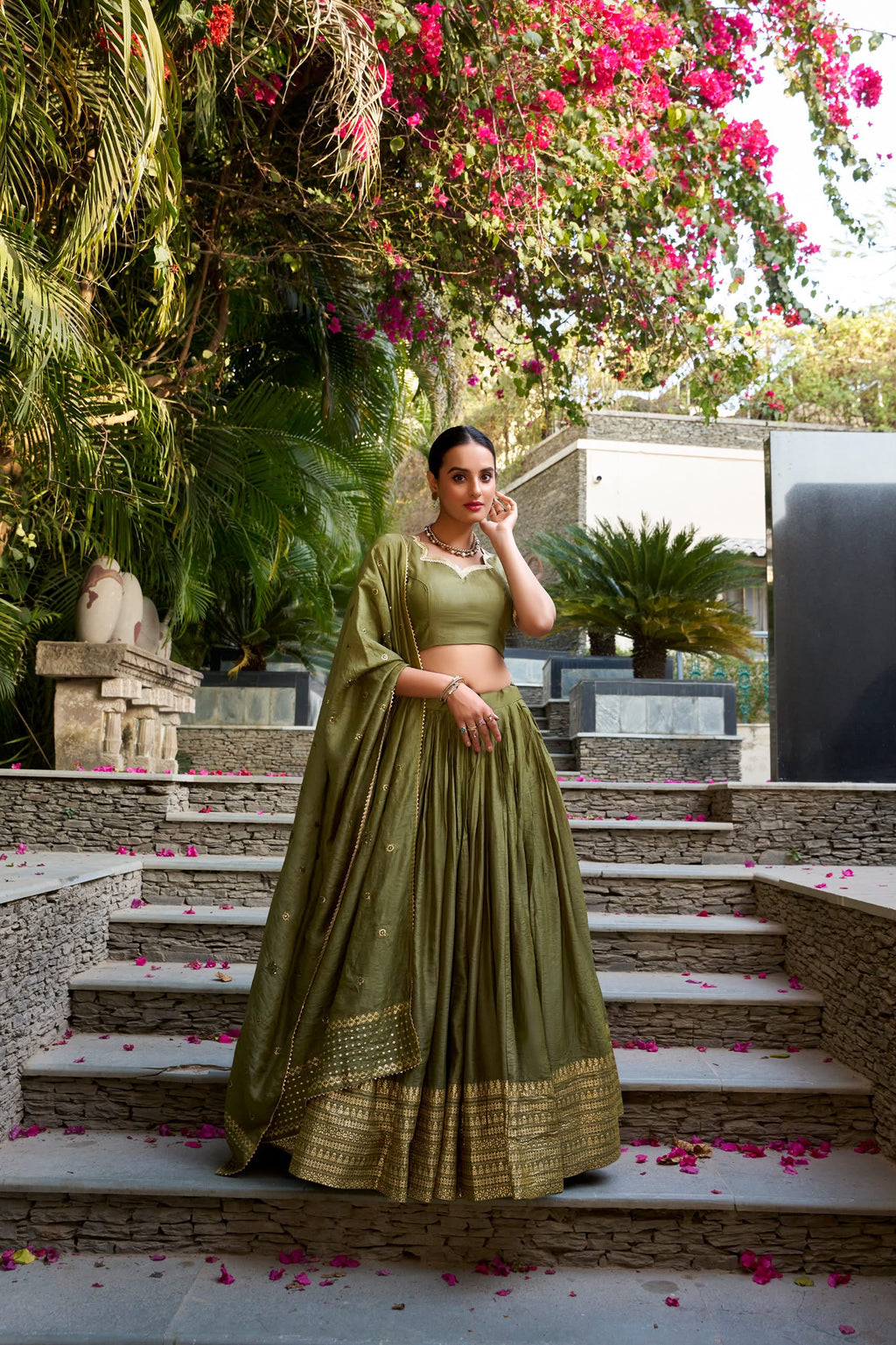 Crafted for Grace and Beauty: Pure Chanderi Plain Lehenga with Intricate Zari Work Border, Accompanied by Sequin Embellished Dupatta