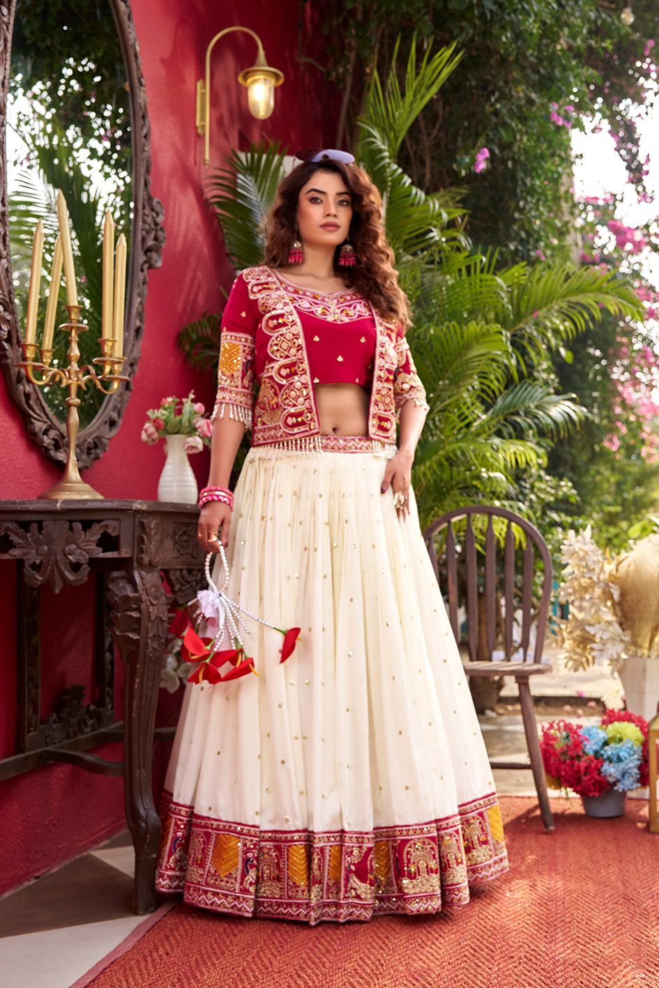 Designer Vichitra Lehenga Choli with Embroidered Koti for Women