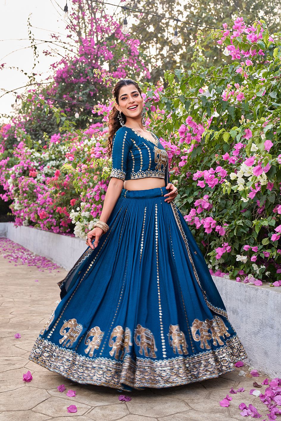 Designer Vichitra Wedding Lehenga Choli with Elephant Border Work
